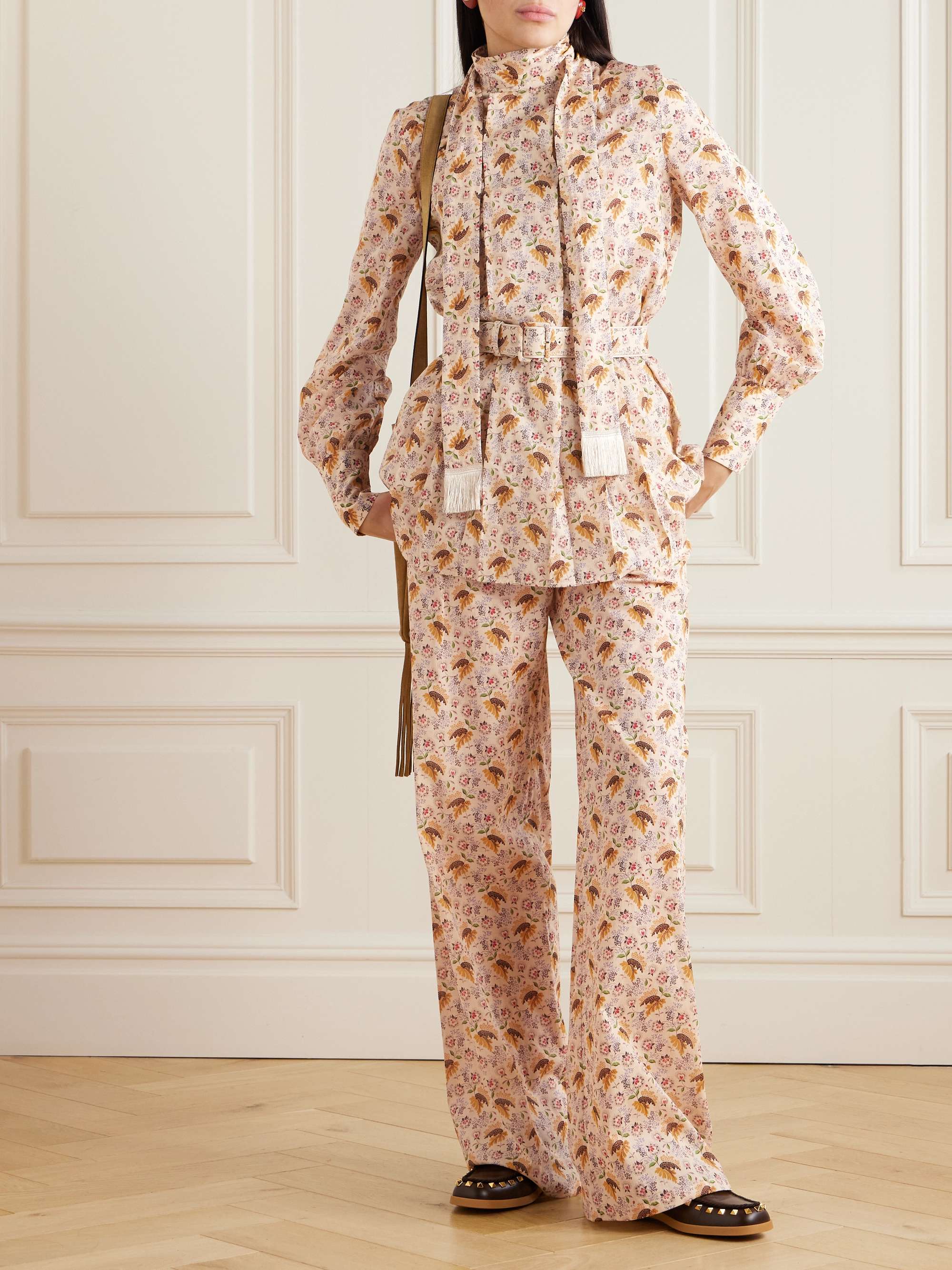 Tie-neck belted pleated floral-print cotton-muslin blouse view