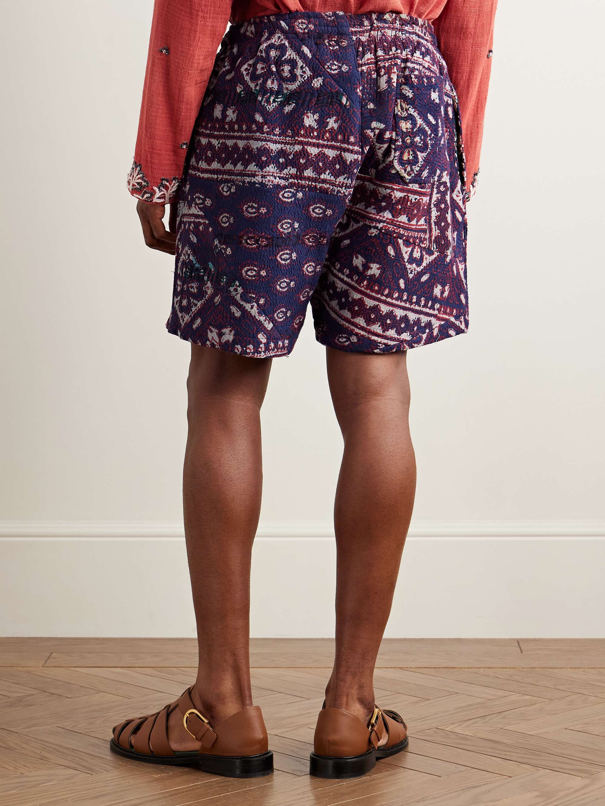 Straight-Leg Patchwork Printed Kantha Cotton Drawstring Shorts view