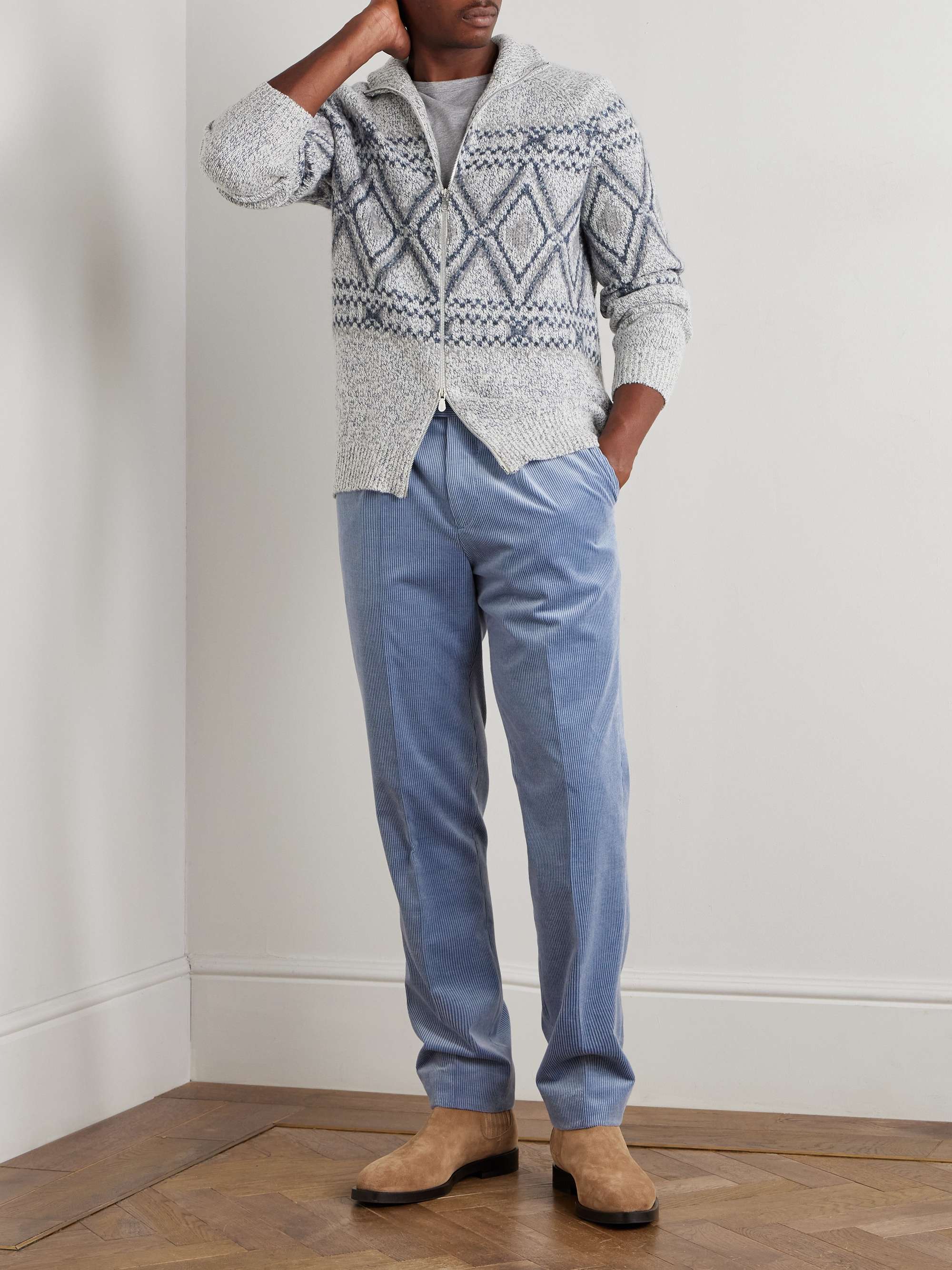 Straight-Leg Pleated Stretch Cotton and Cashmere-Blend Corduroy Suit Trousers view