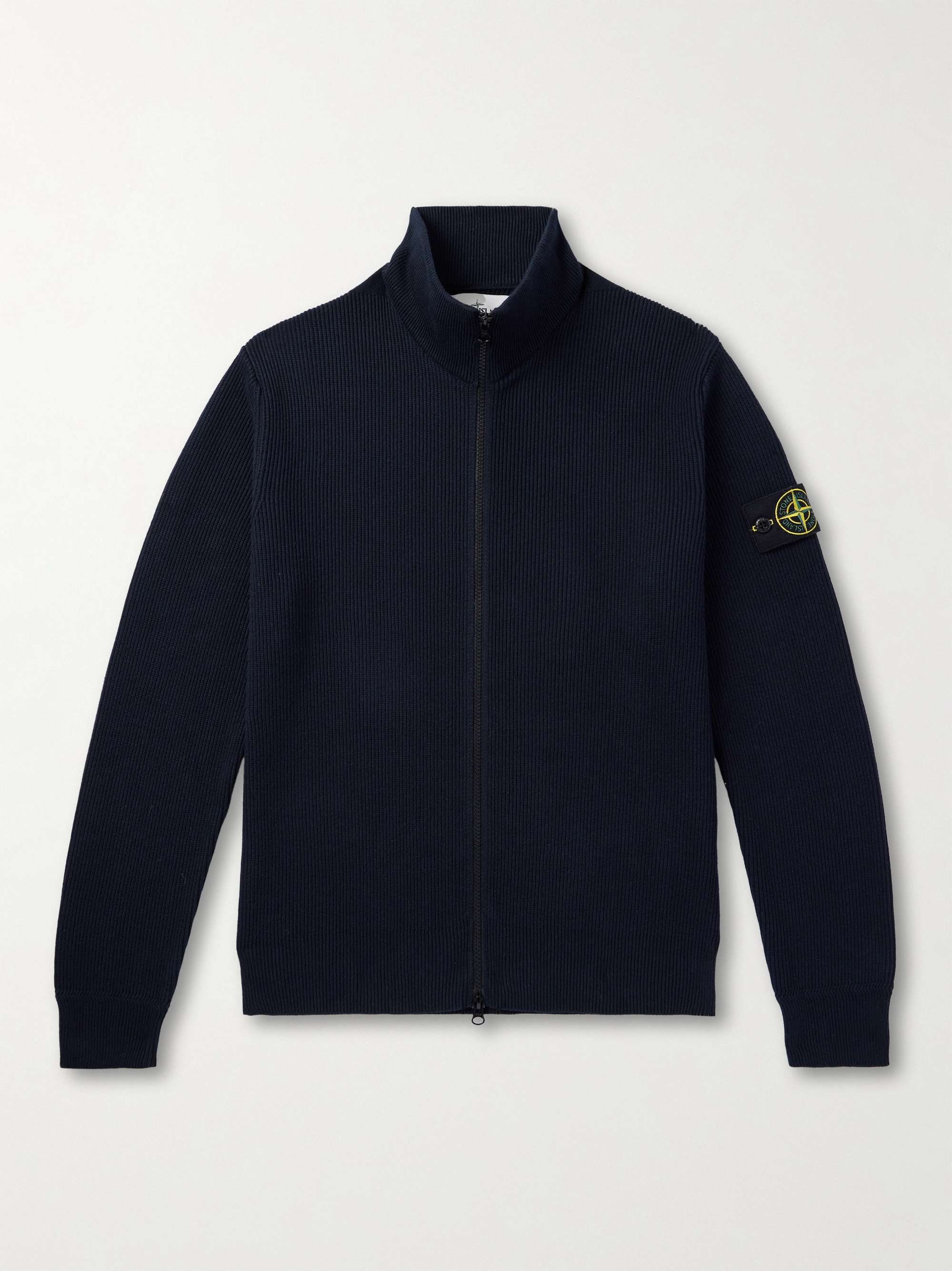 Logo-Appliquéd Ribbed-Knit Organic Cotton Cardigan hero visual