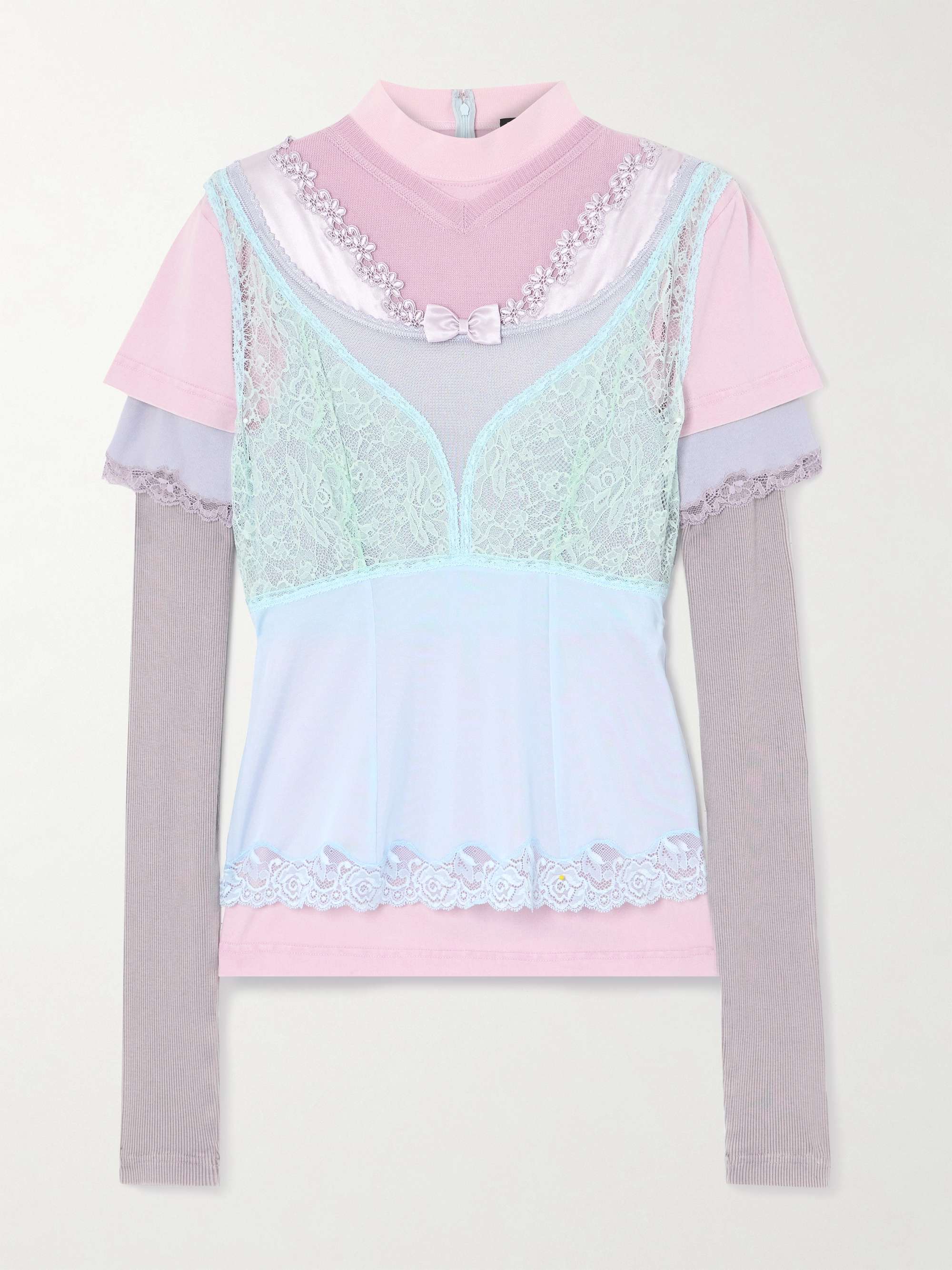 Bow-detailed layered lace-trimmed satin and jersey top hero visual