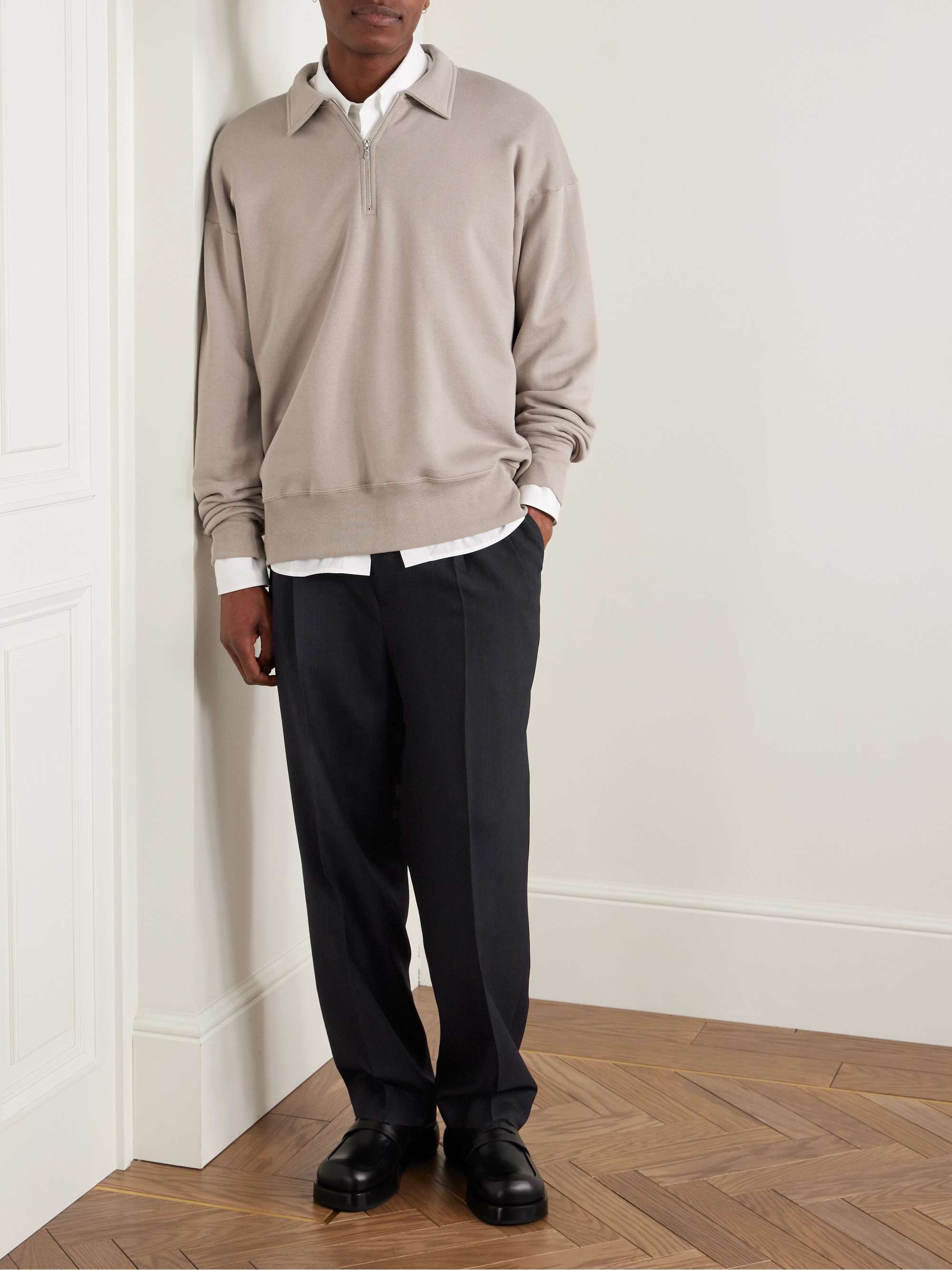 Shoecut Straight-Leg Pleated Pinstriped Wool and Silk-Blend Twill Trousers view