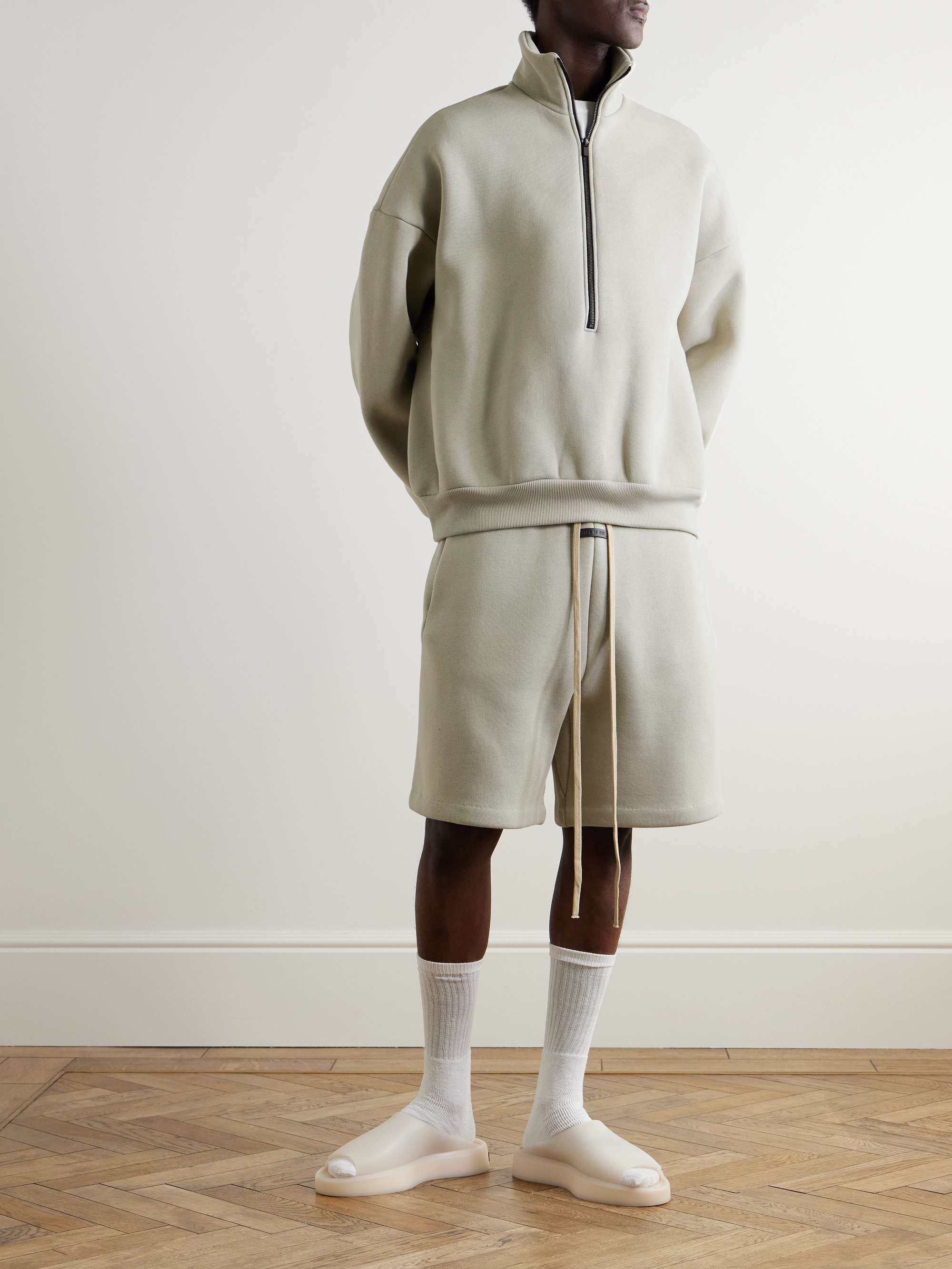 Wide-Leg Logo-Appliquéd Cotton-Blend Jersey Drawstring Shorts view