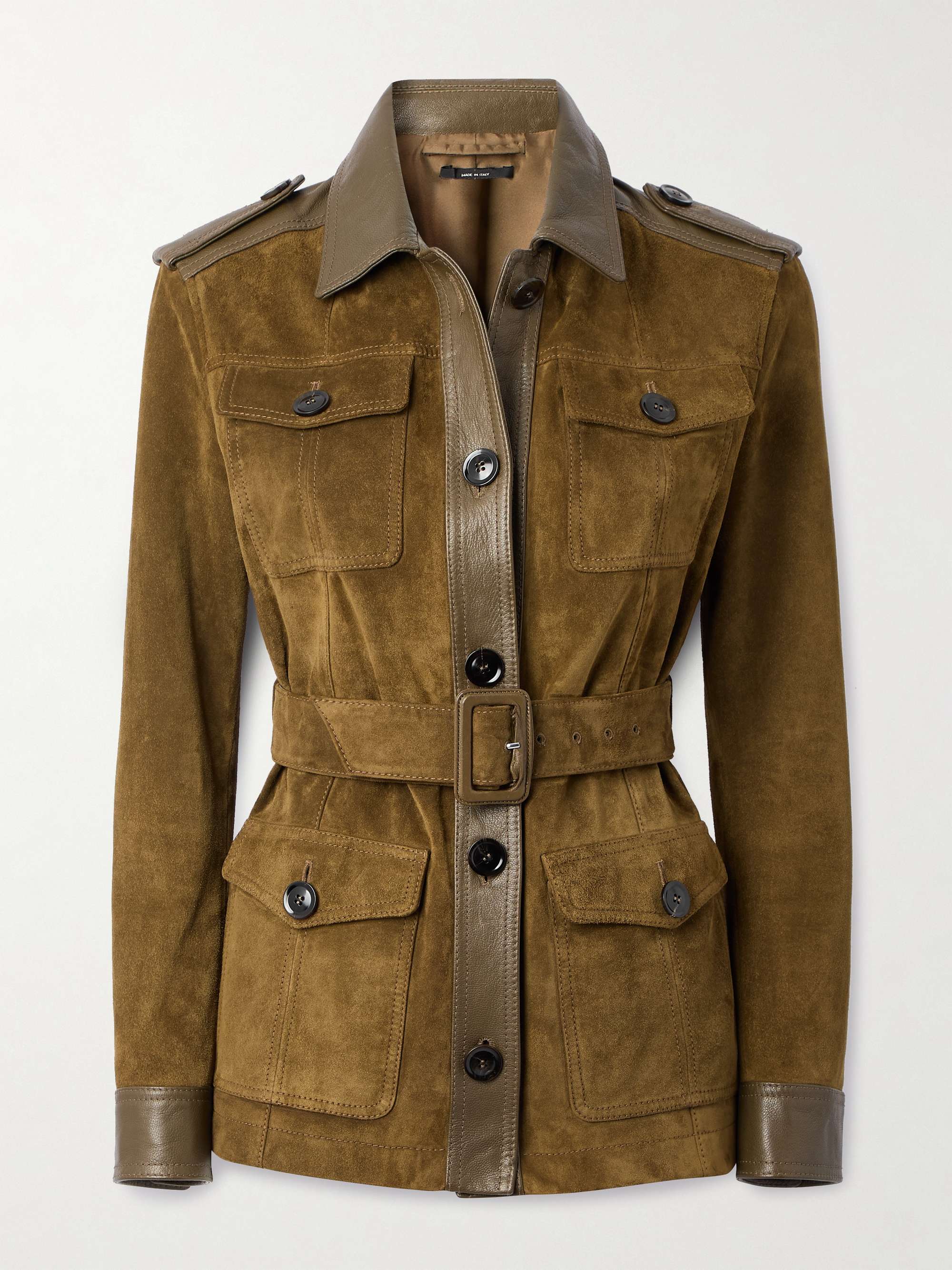 Belted leather-trimmed suede jacket hero visual
