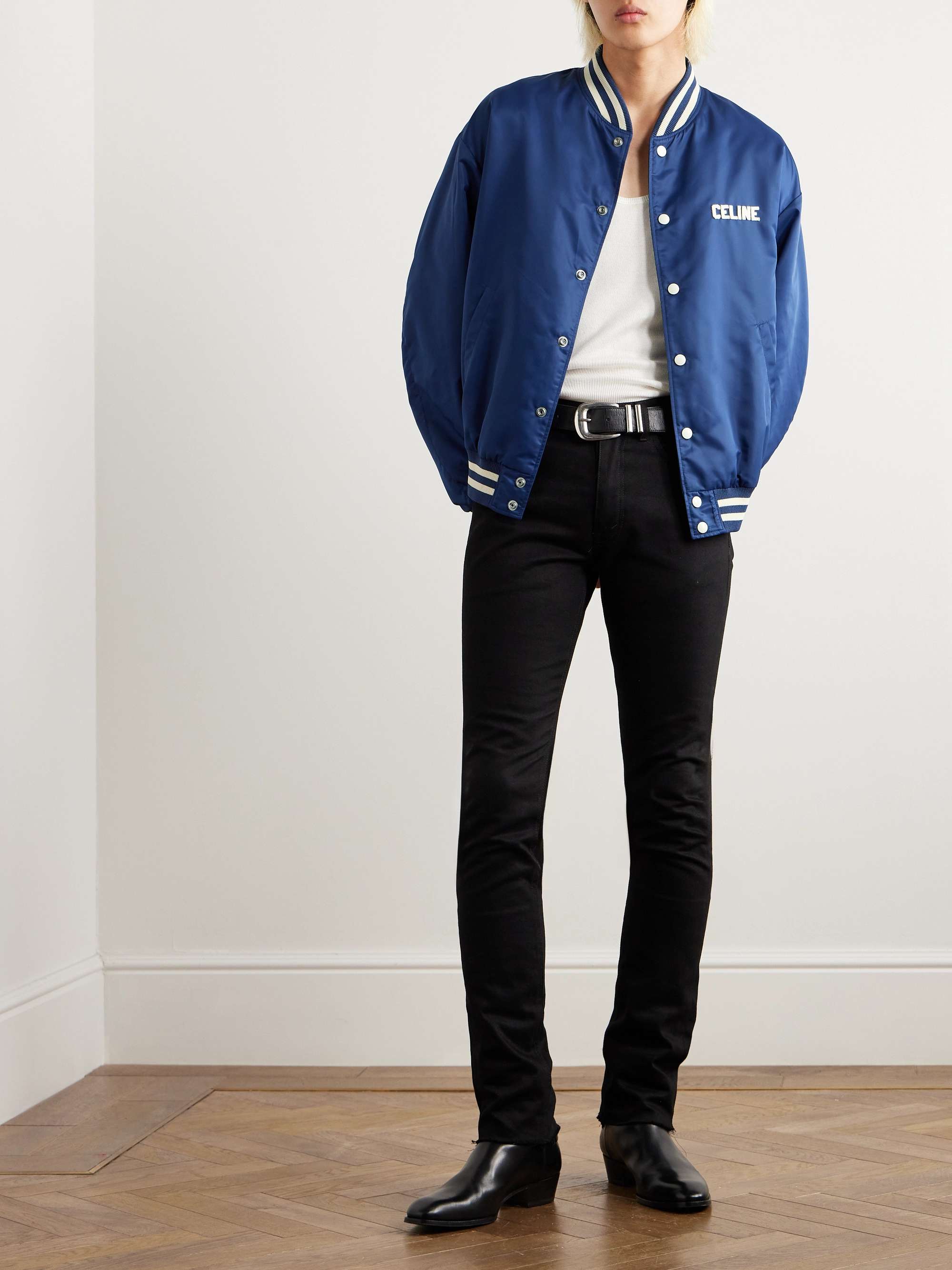 Logo-Appliquéd Striped Satin Bomber Jacket view