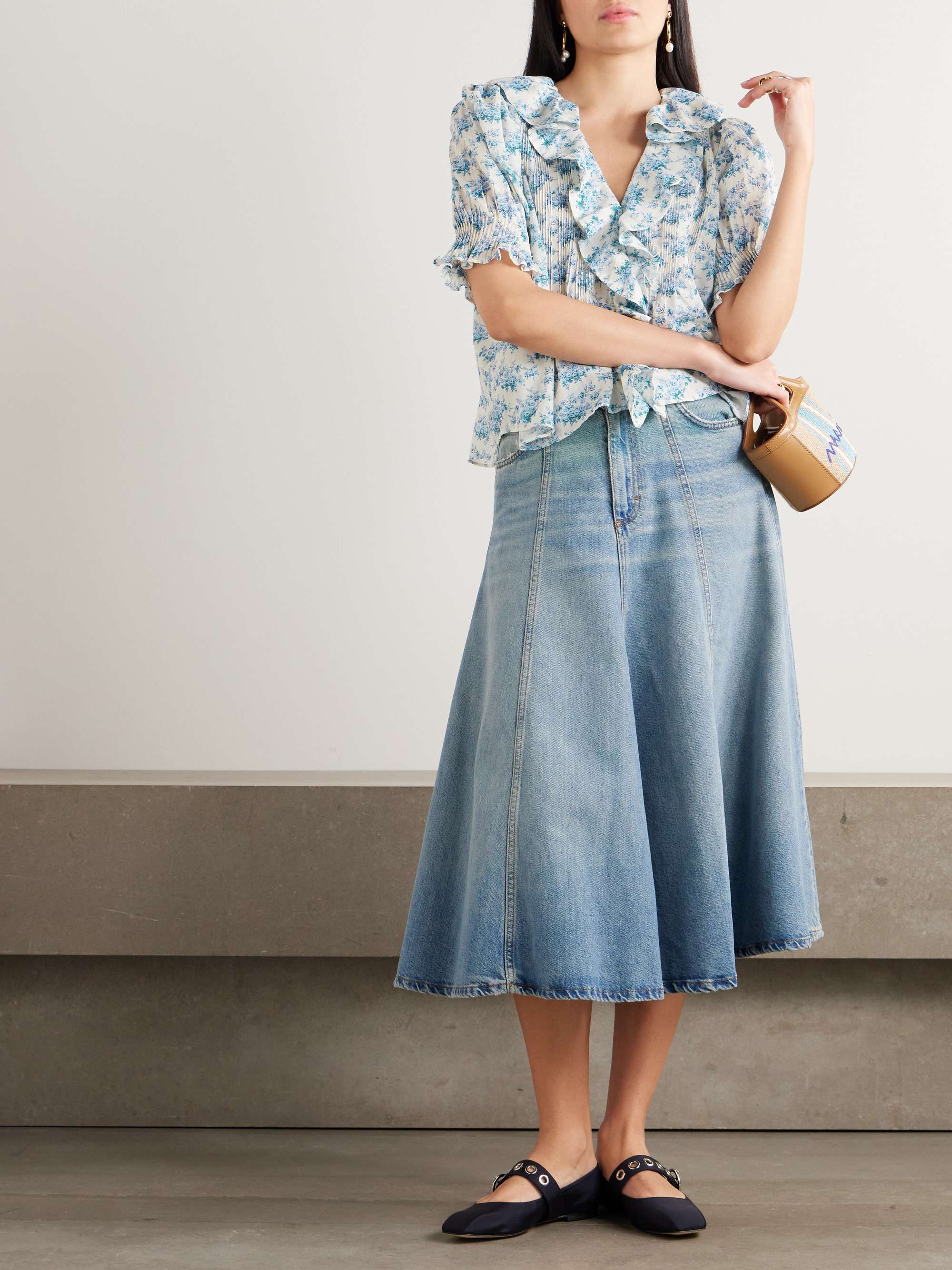 Henri ruffled pintucked floral-print organic cotton-voile top view