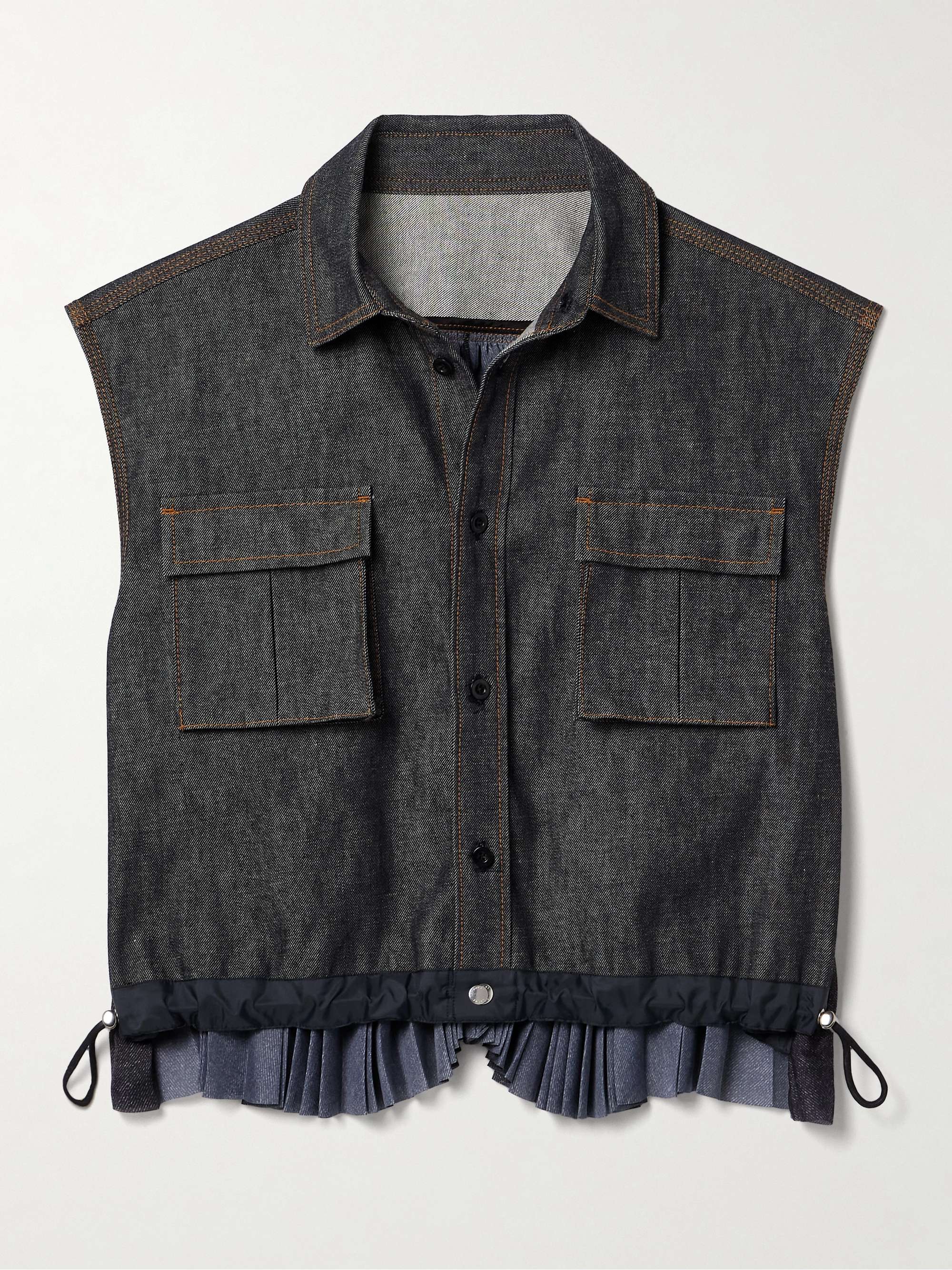 Denim and pleated crepe de chine vest hero visual