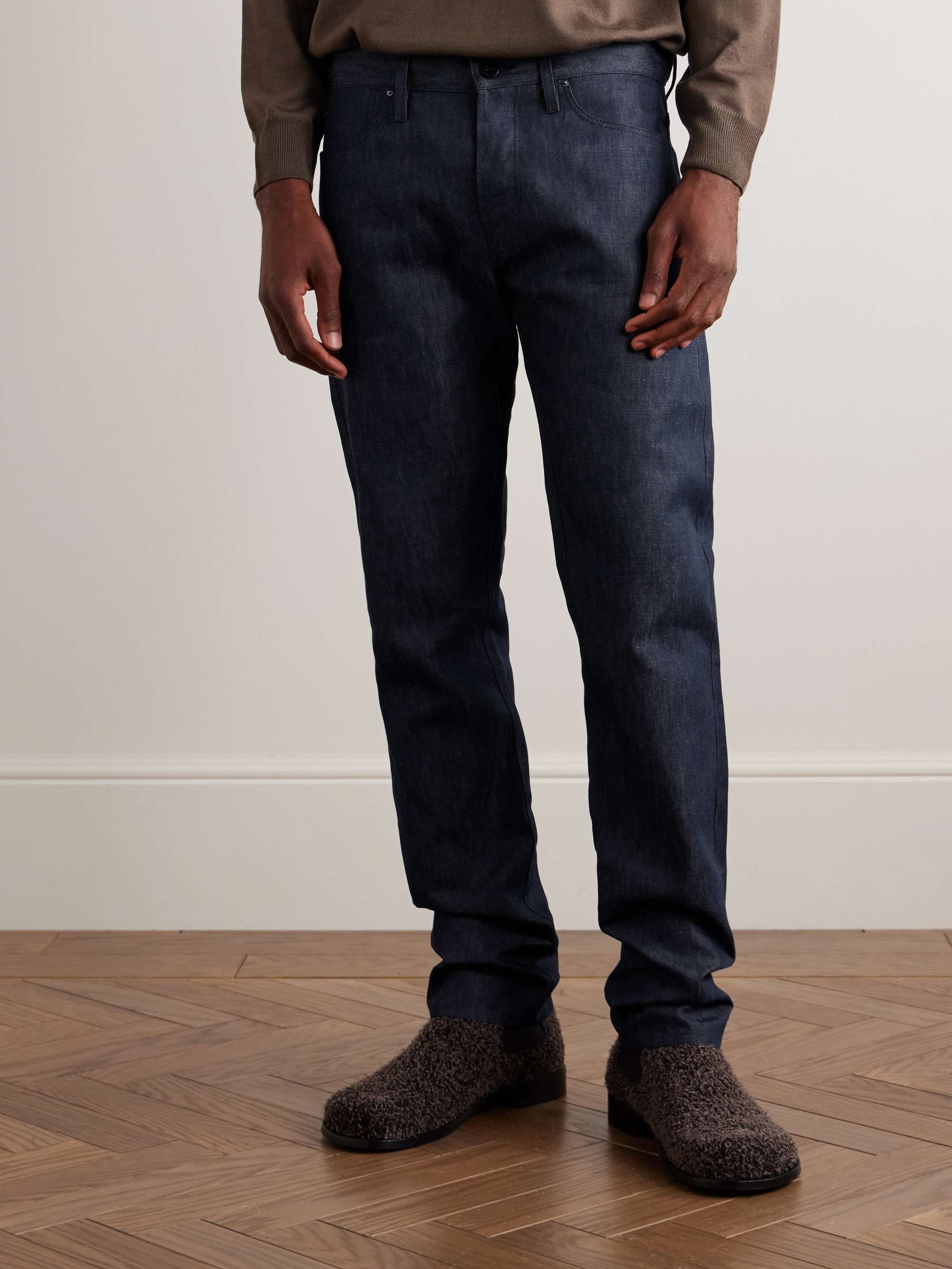 Anthony Slim-Fit Straight-Leg Cotton and Linen-Blend Chambray Trousers view