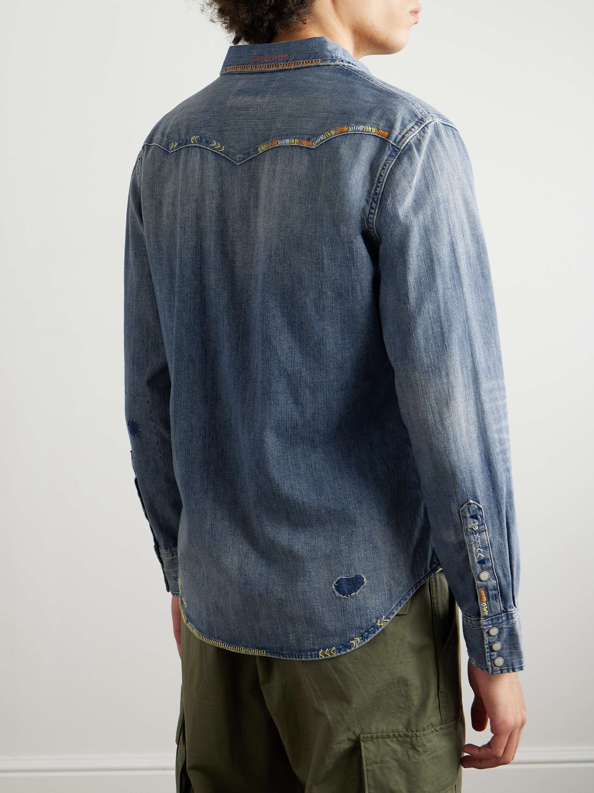 Slim-Fit Embroidered Indigo-Dyed Denim Western Shirt view