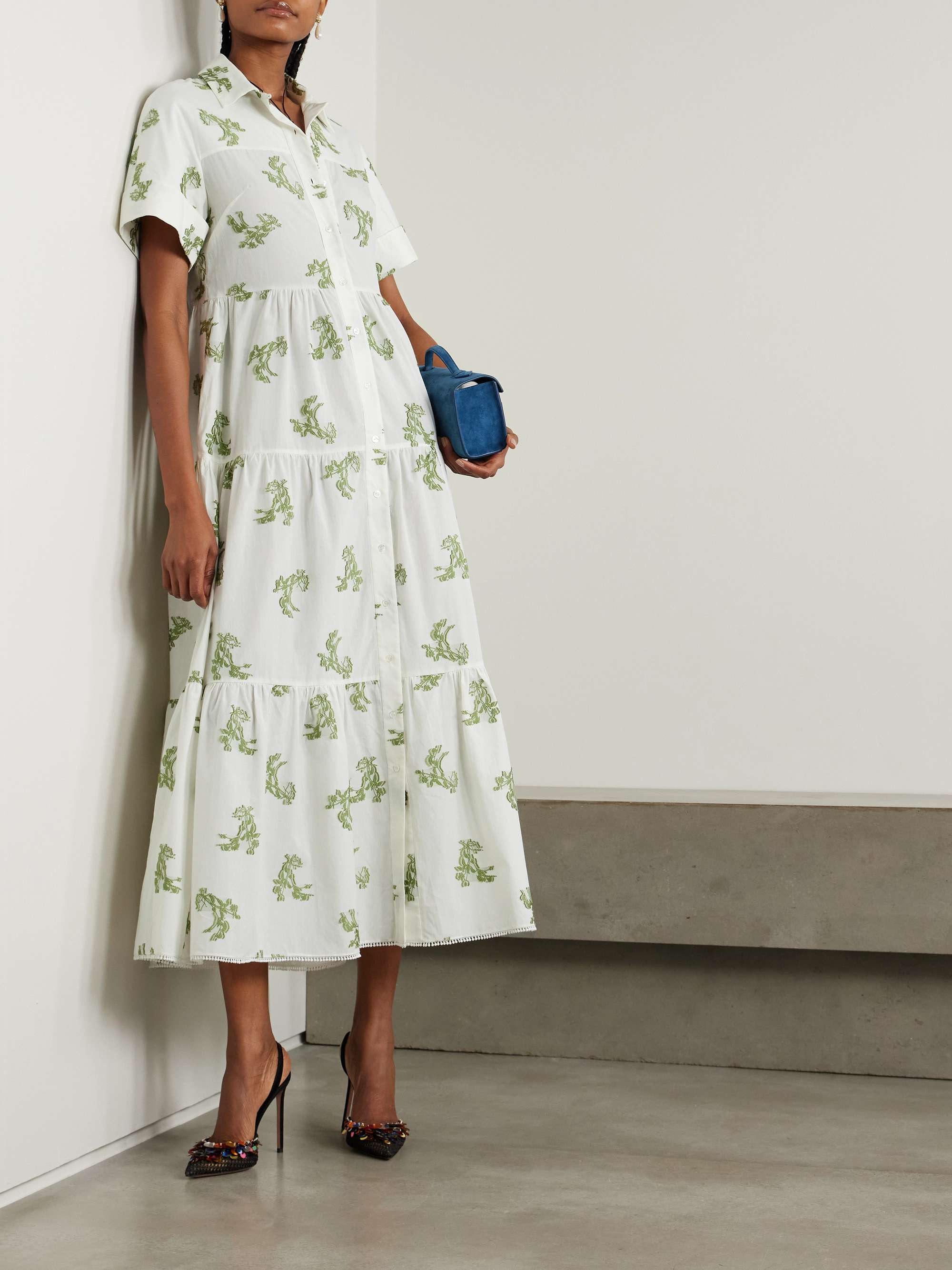 Embroidered gathered cotton fil coupé midi dress view
