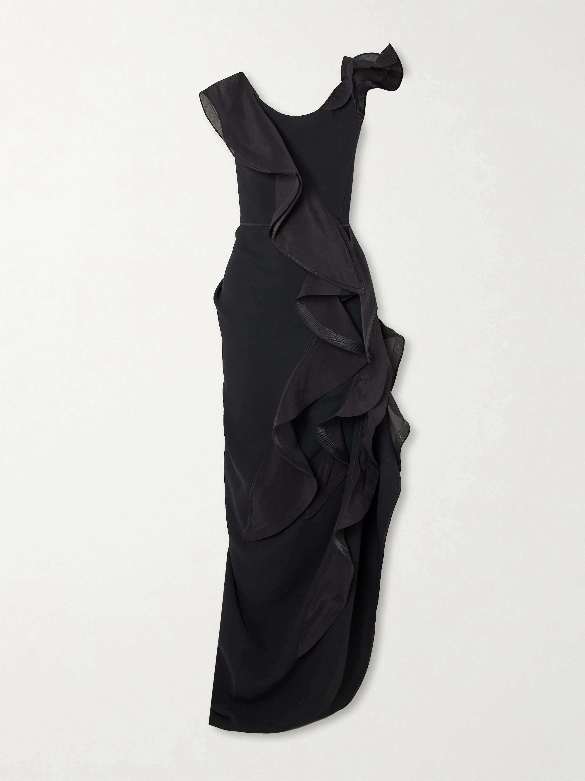 Satellite Wave asymmetric ruffled organza-trimmed crepe gown hero visual
