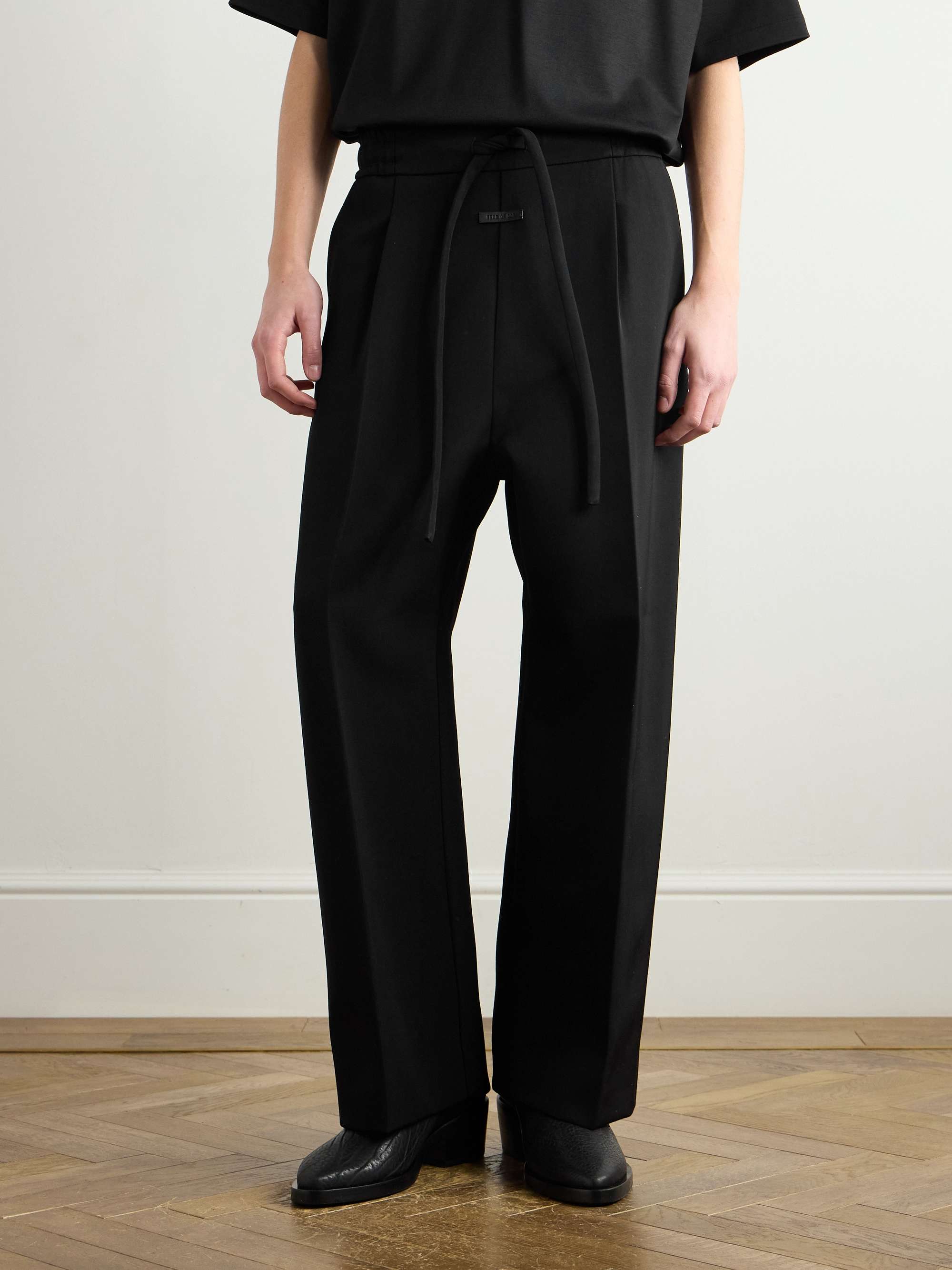 Wide-Leg Pleated Wool and Cotton-Blend Twill Drawstring Trousers view