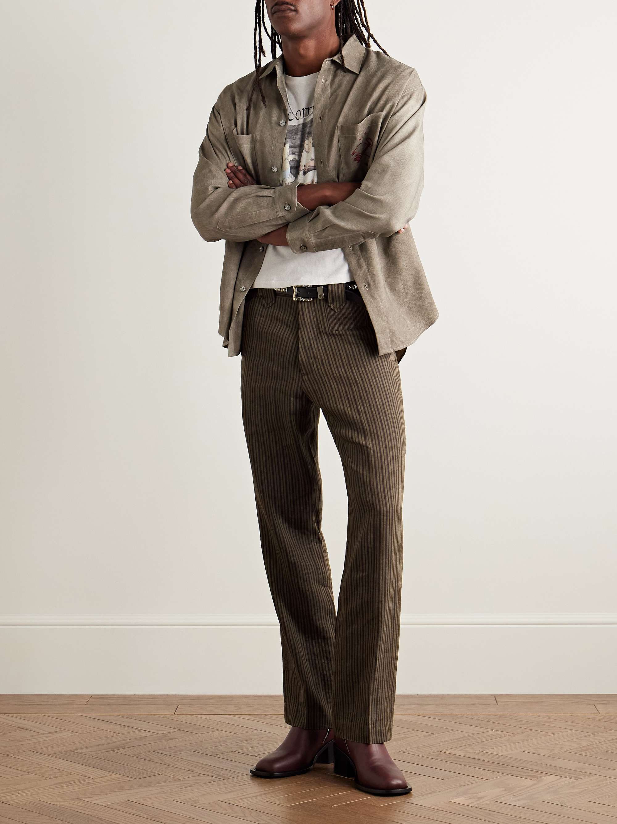 Robot March Straight-Leg Panelled Striped Linen-Blend Twill Trousers view