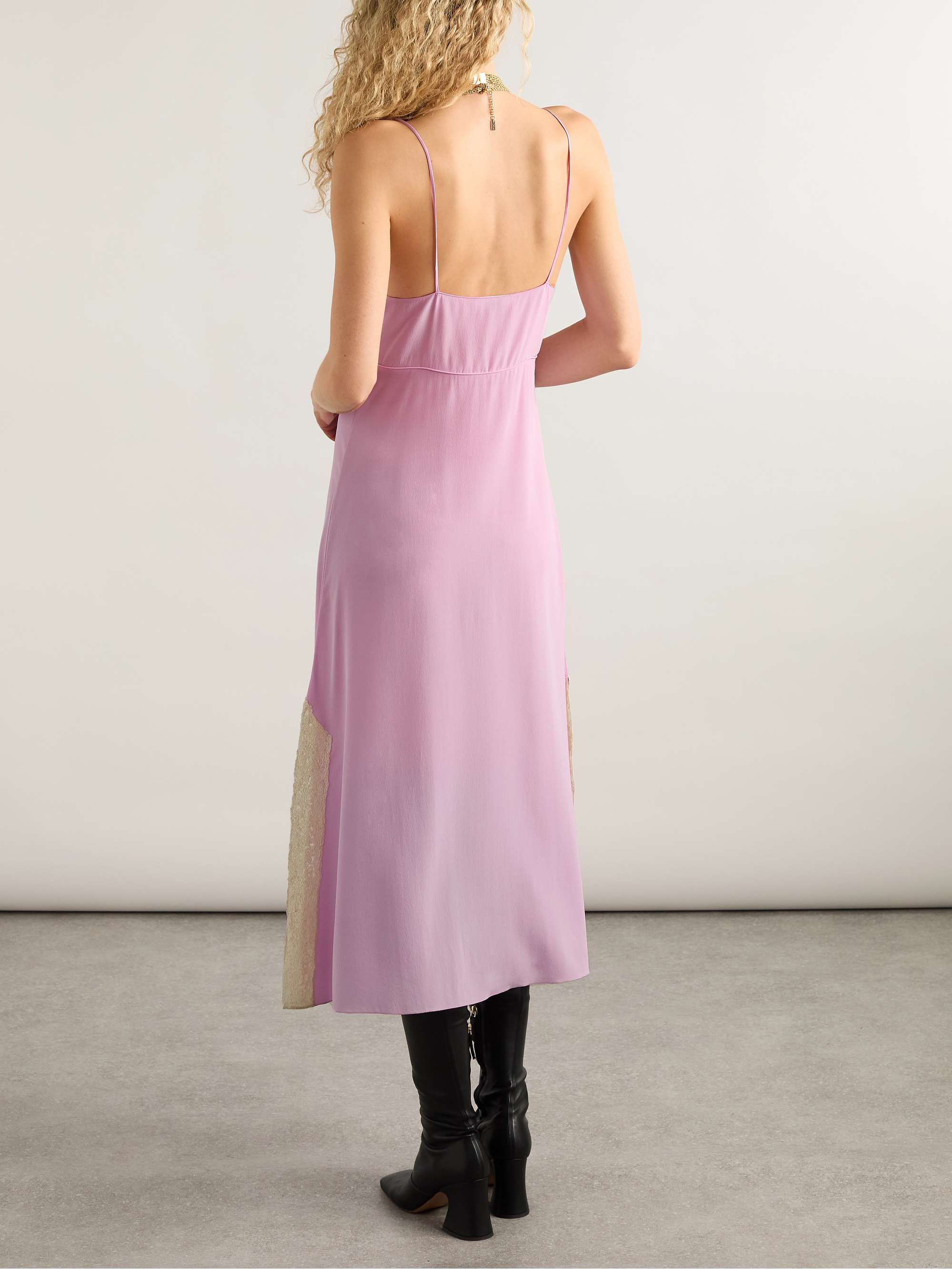 Lace-trimmed silk crepe de chine midi dress view
