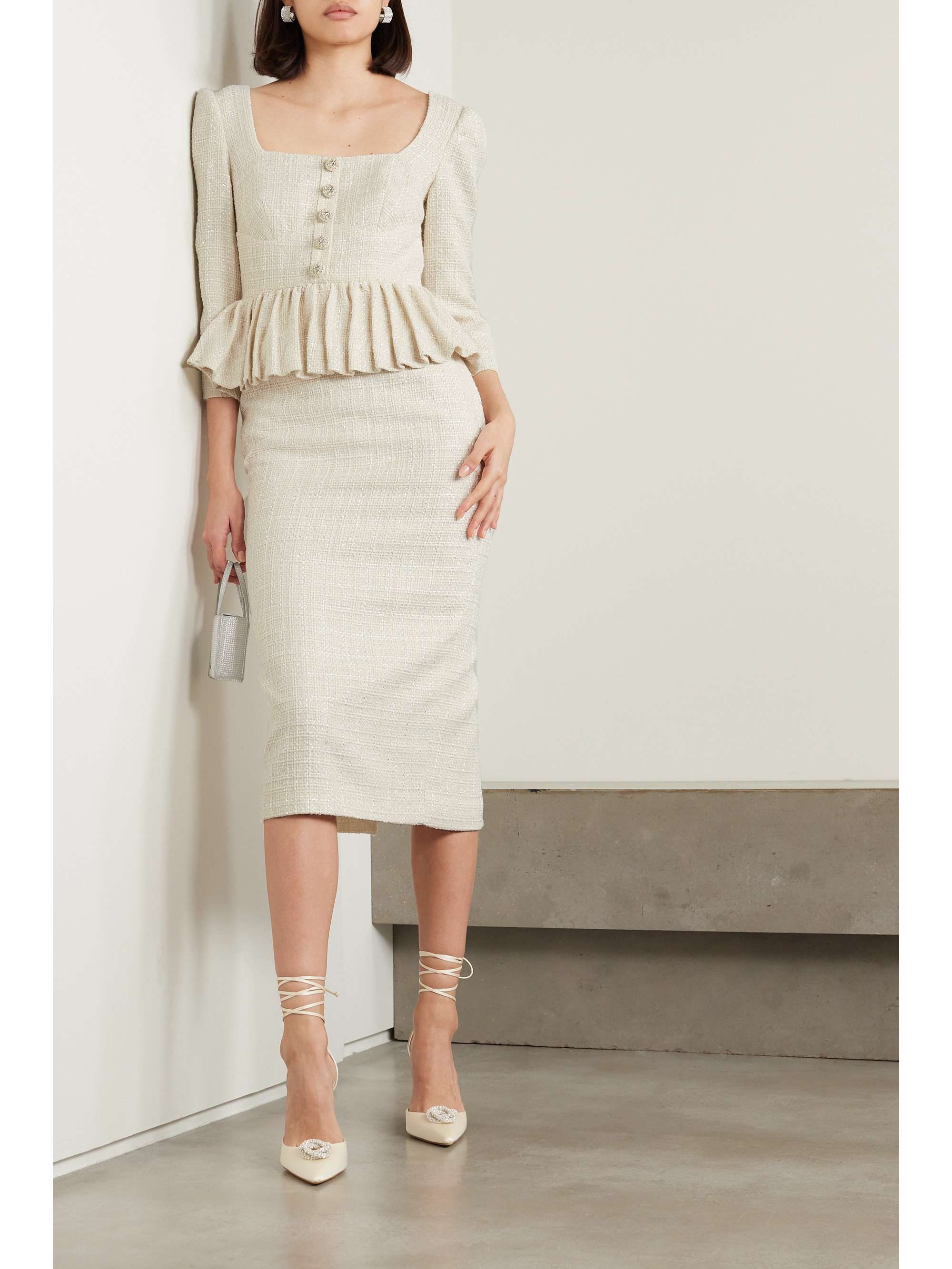 Embellished bouclé-tweed peplum midi dress view