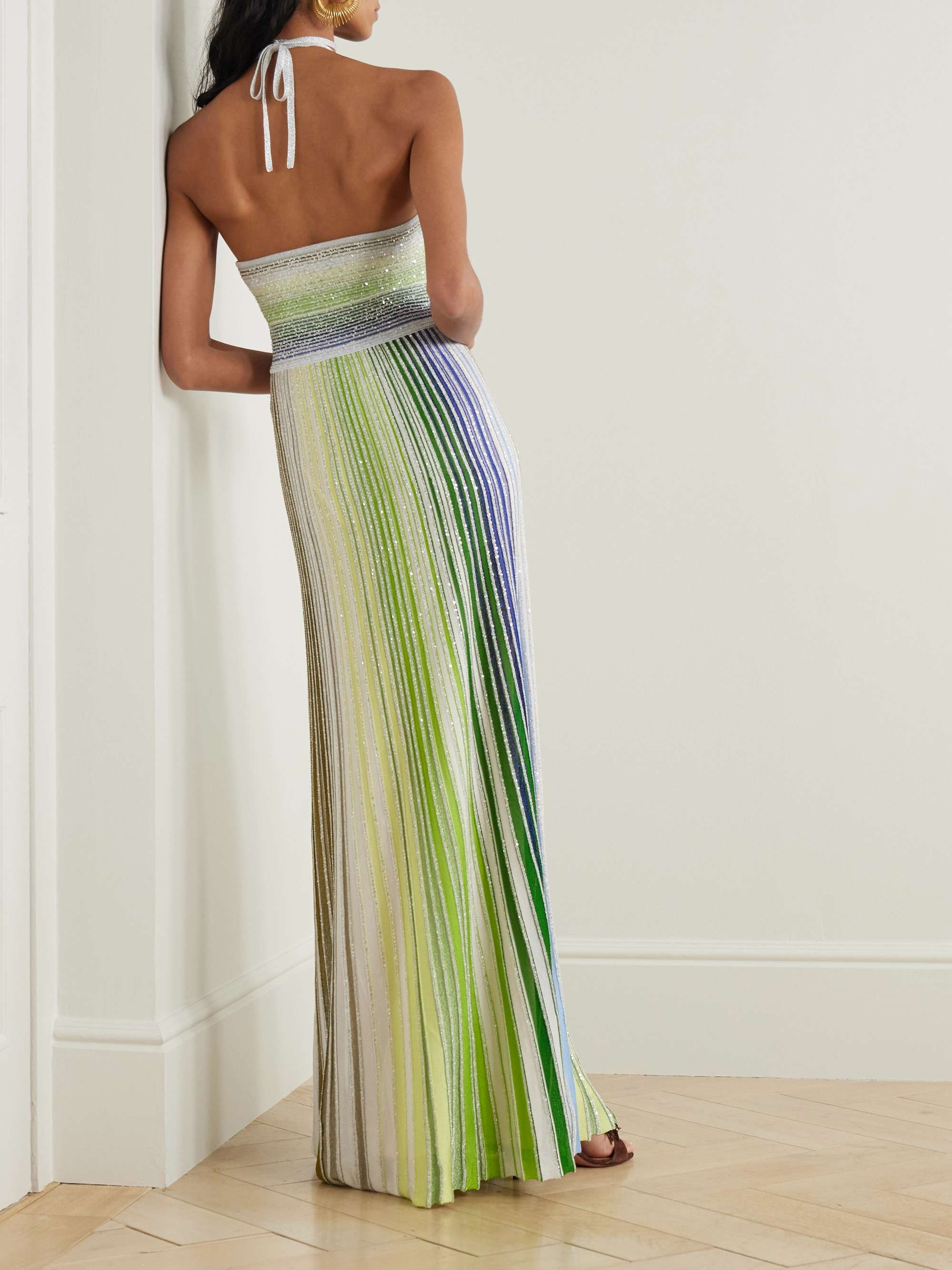 Sequin-embellished metallic crochet-knit halterneck maxi dress view