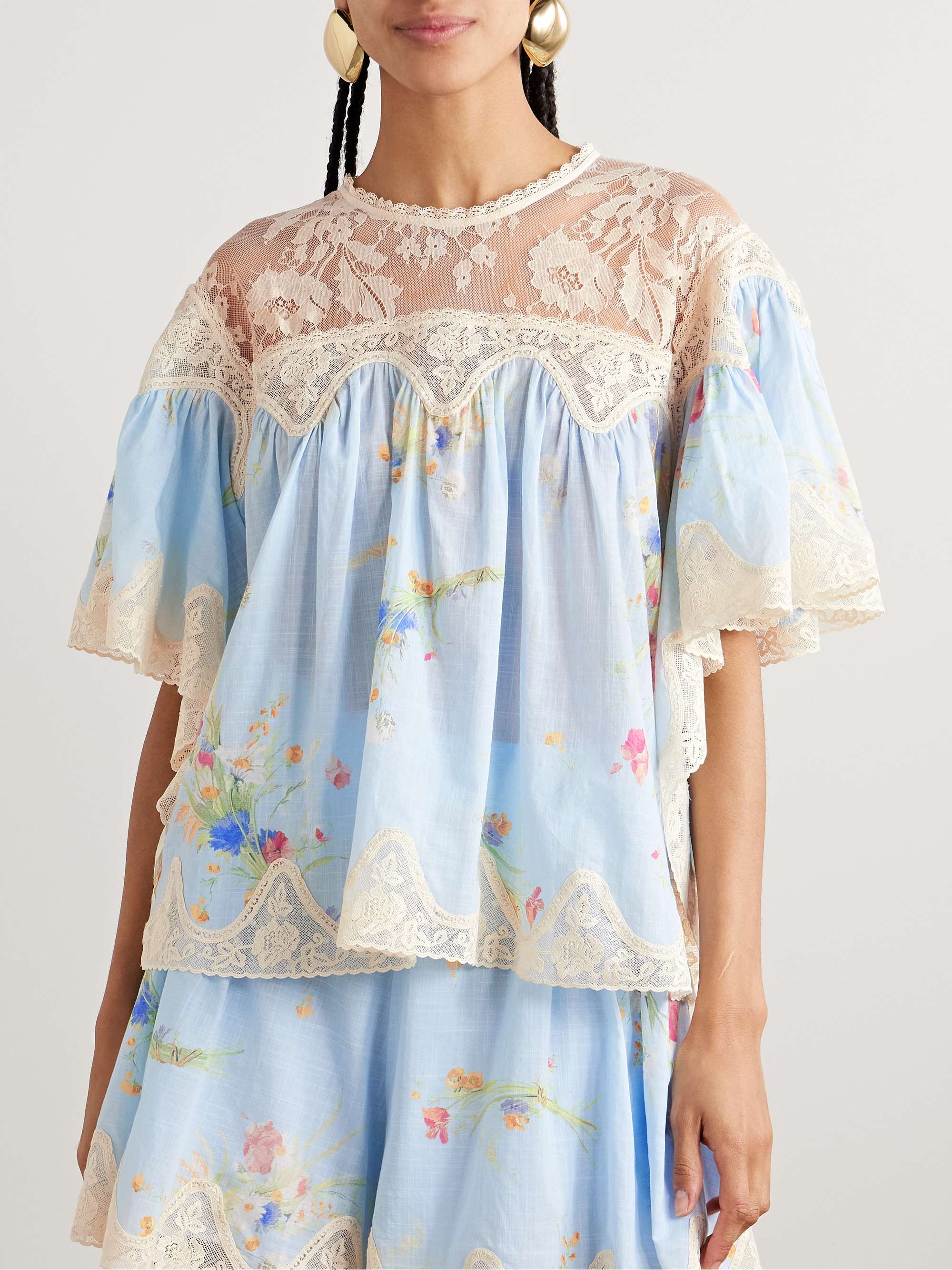 Lucky lace-trimmed floral-print cotton-voile blouse view