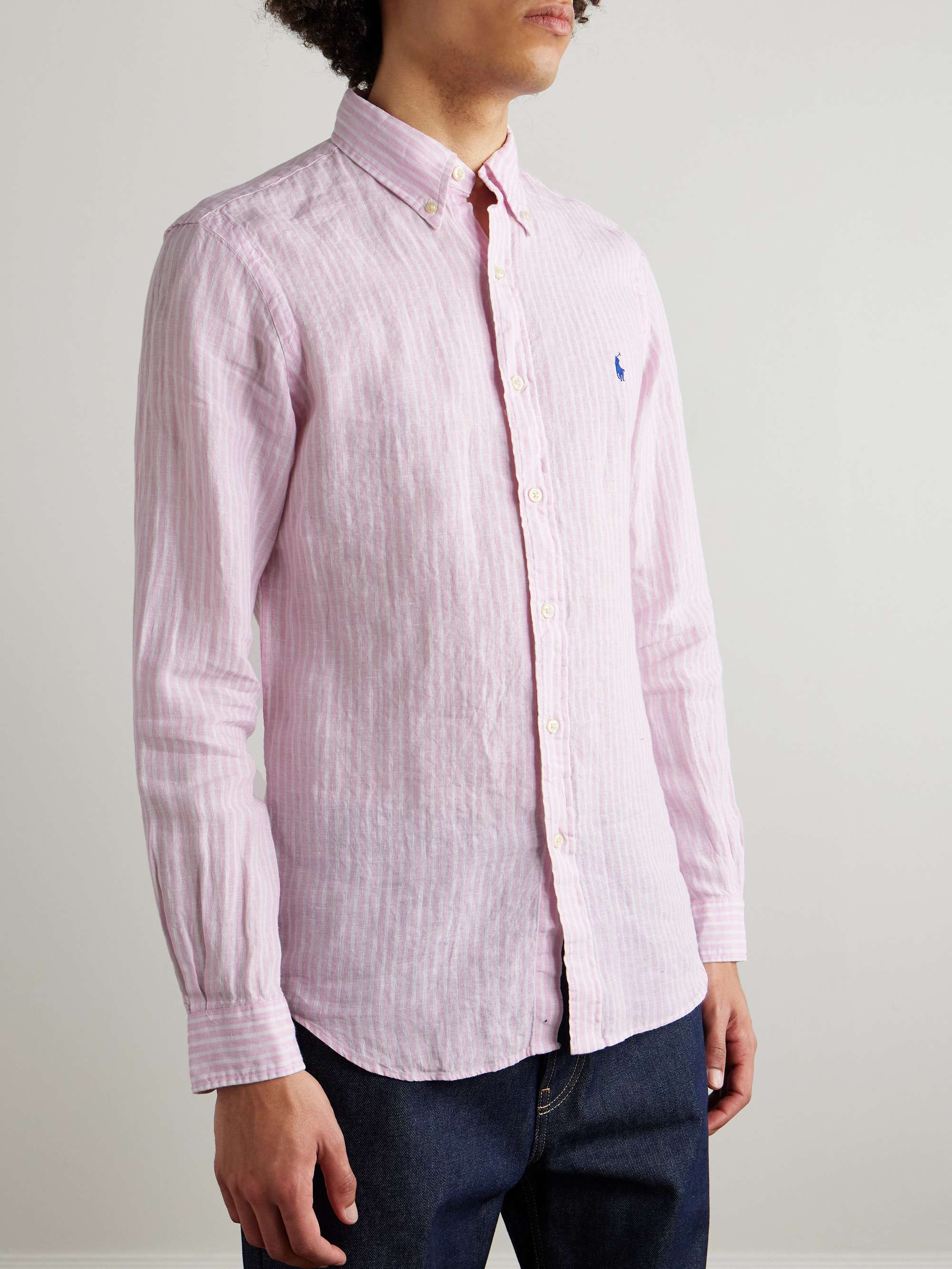Button-Down Collar Logo-Embroidered Striped Linen Shirt view