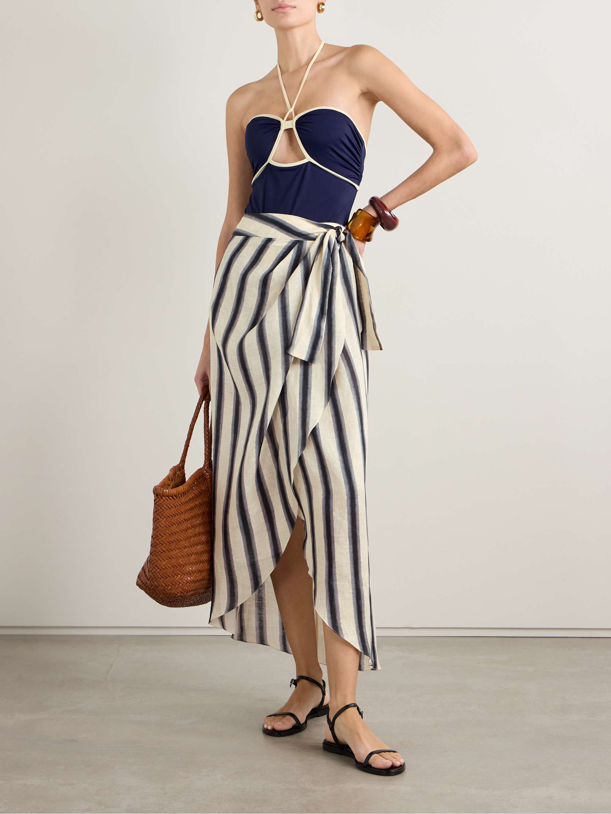 Waves of Destiny wrap-effect pleated striped linen pareo view