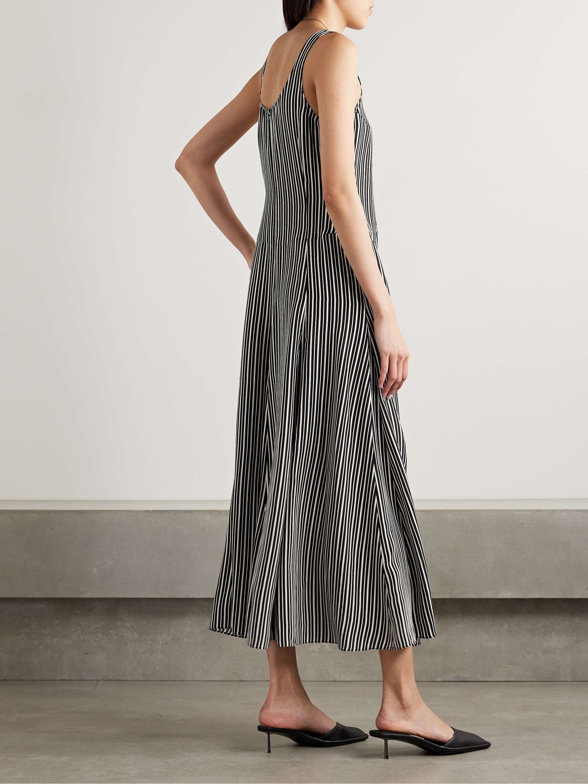 Pleated striped recycled-crepe de chine midi dress view