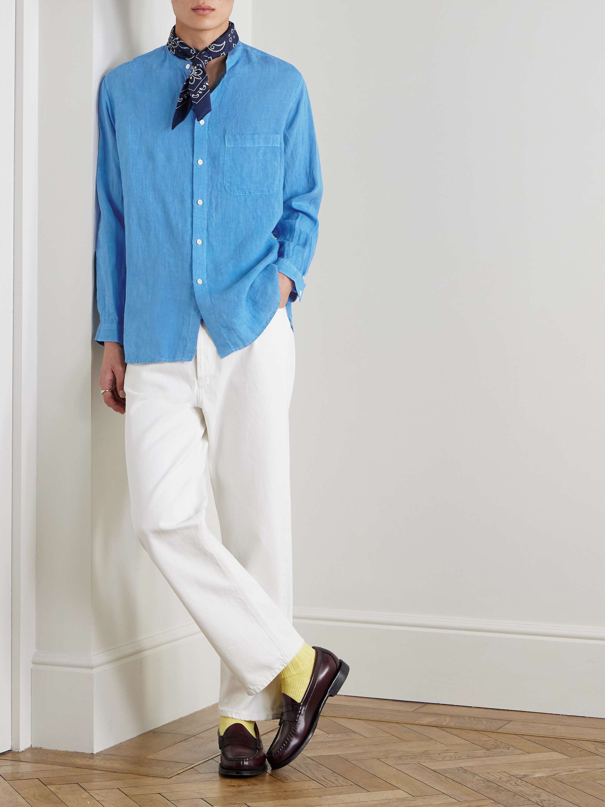 Grandad-Collar Linen-Chambray Shirt view
