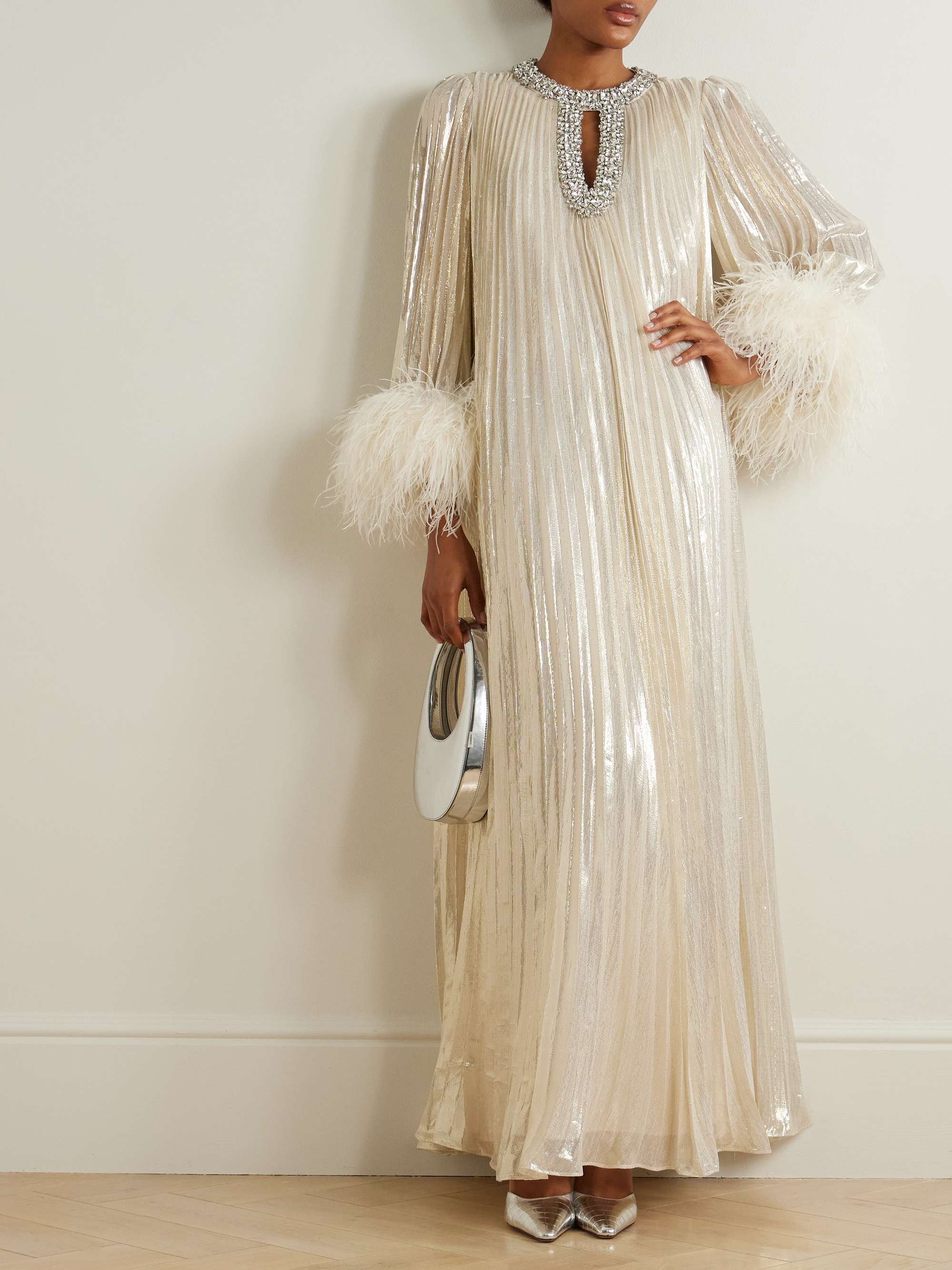 Feather-trimmed crystal-embellished silk-blend lamé maxi dress view
