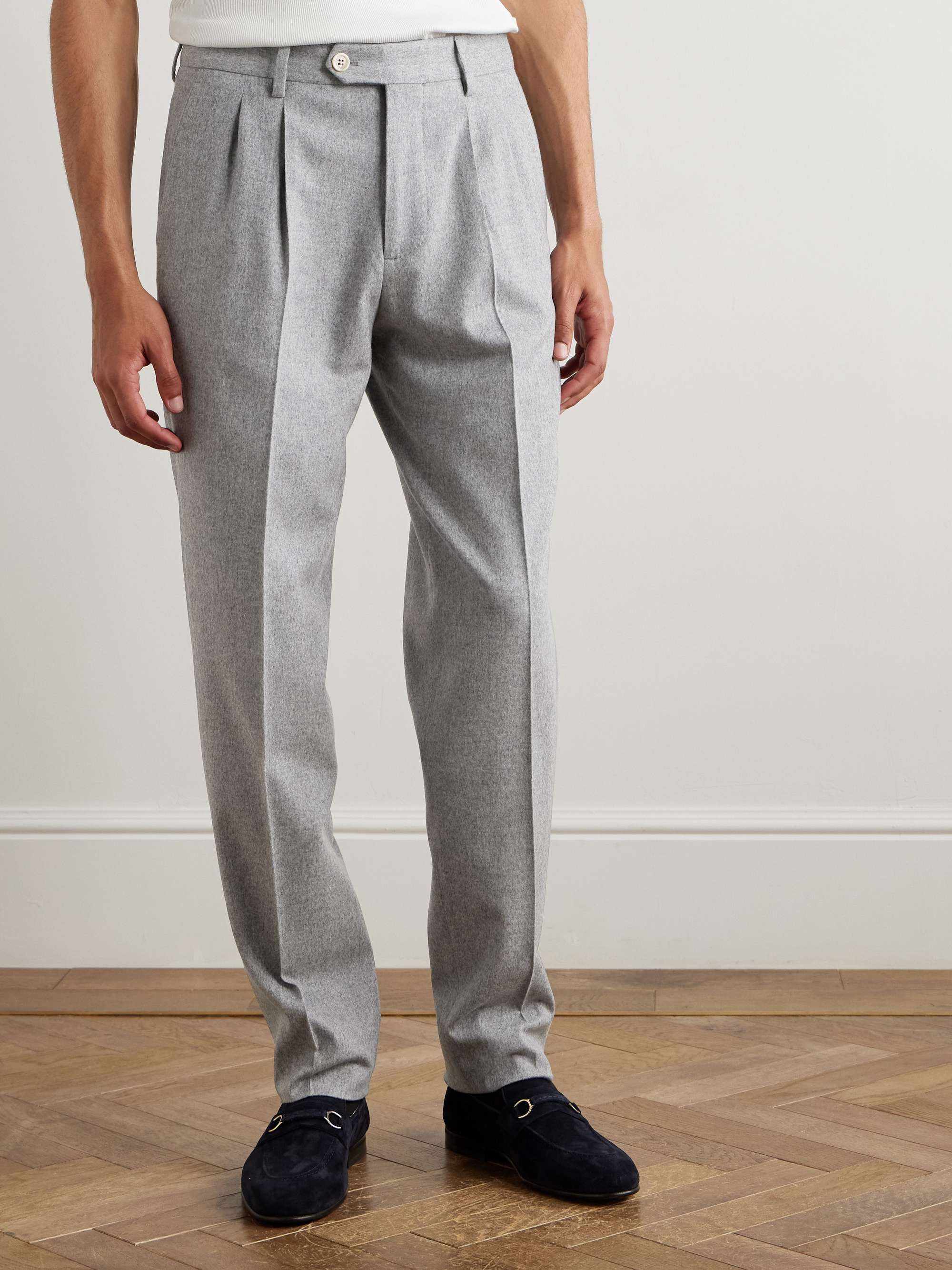 Straight-Leg Pleated Cotton and Cashmere-Blend Suit Trousers view