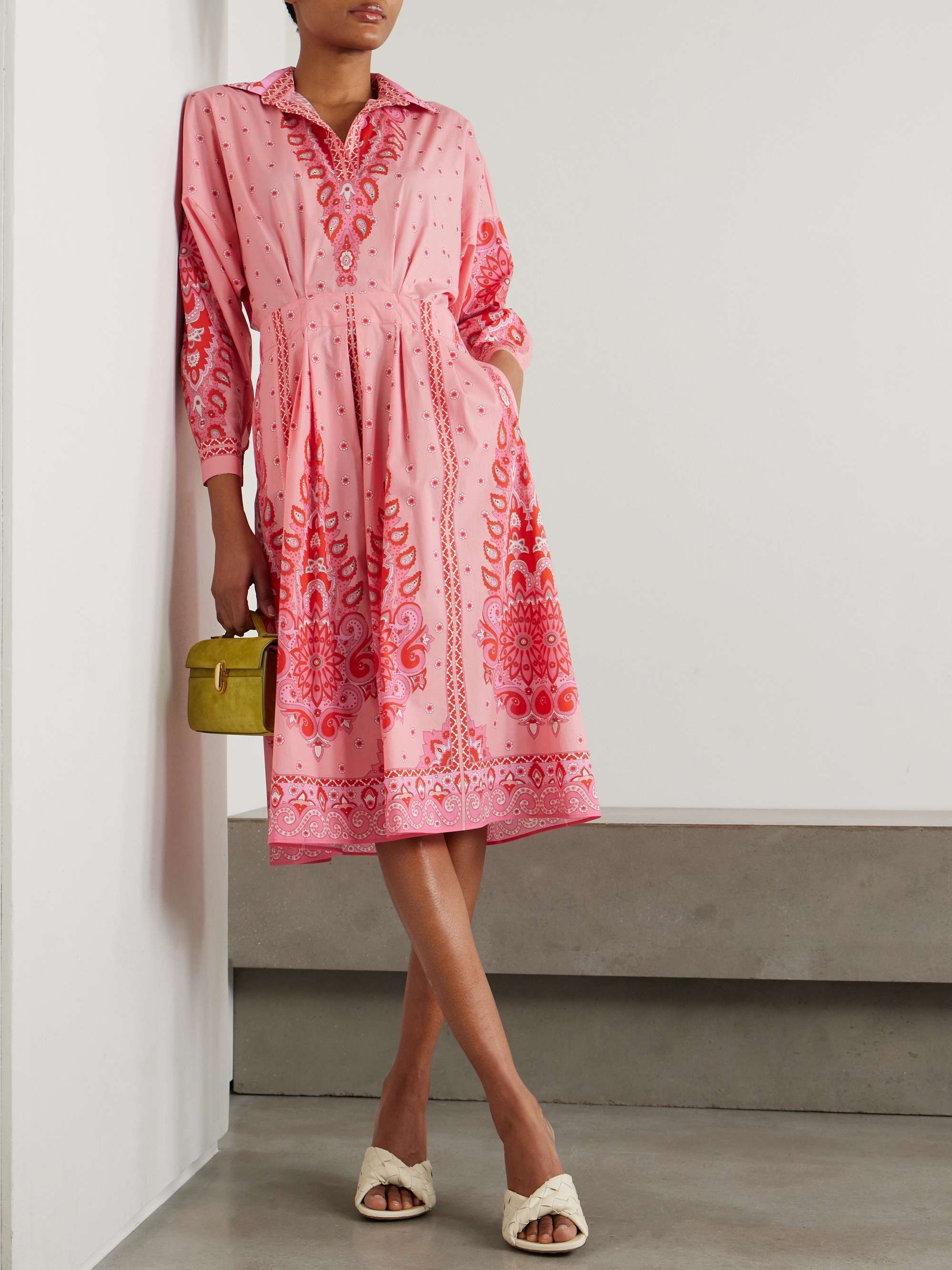 Pleated printed cotton-blend poplin midi shirt dress view