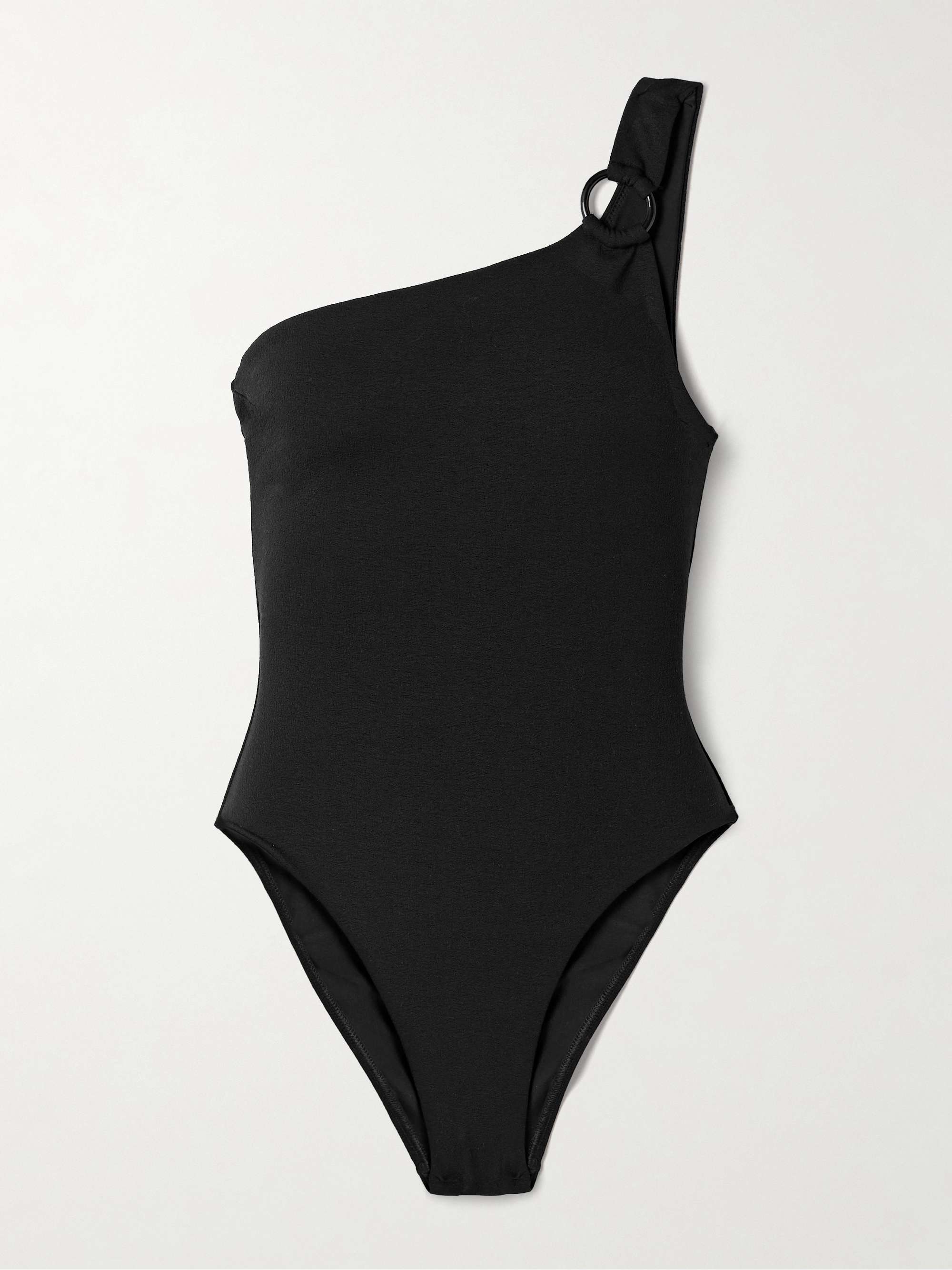 One-shoulder embellished stretch recycled-crepe swimsuit hero visual