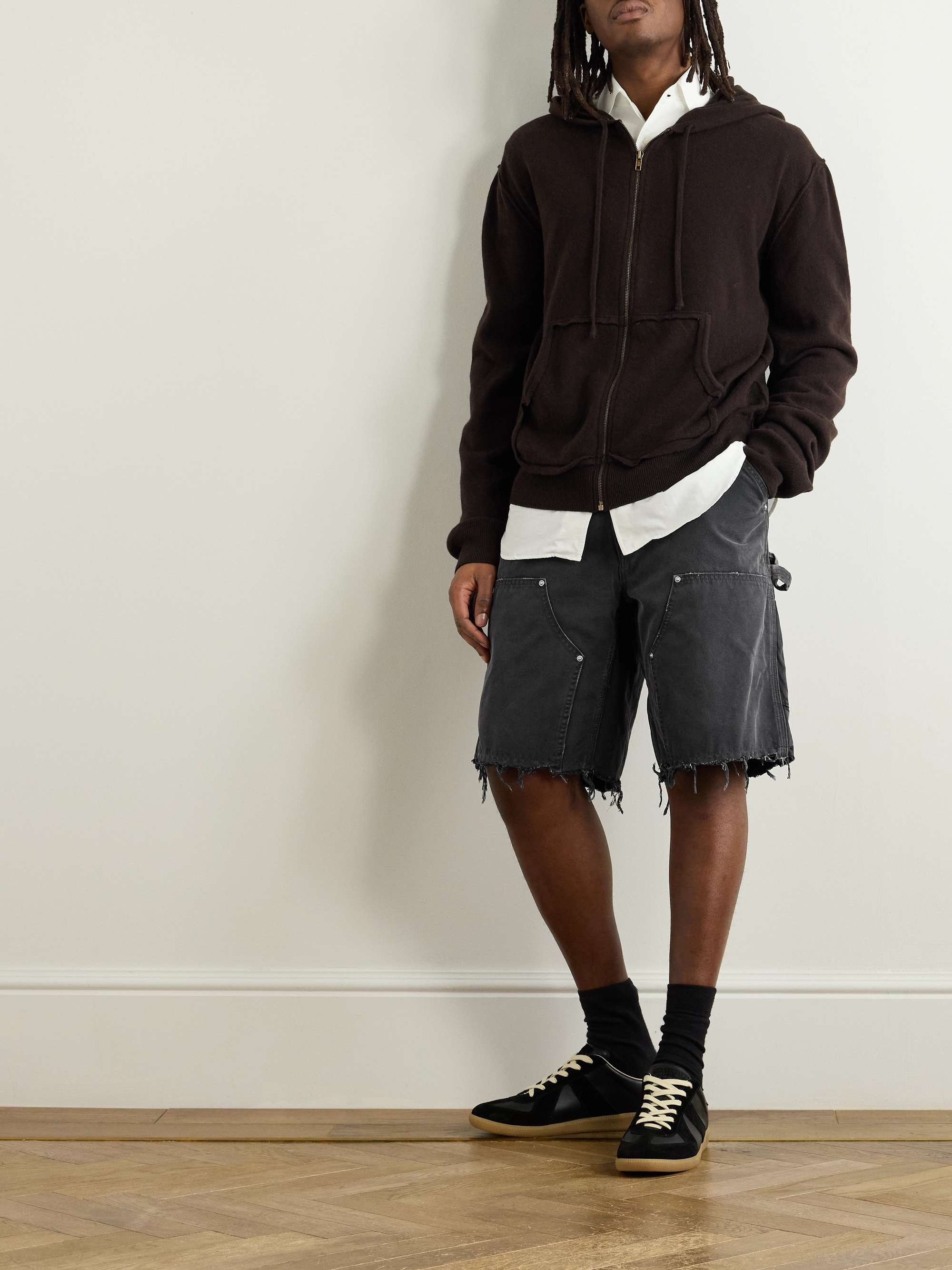 Straight-Leg Panelled Frayed Cotton-Canvas Shorts view
