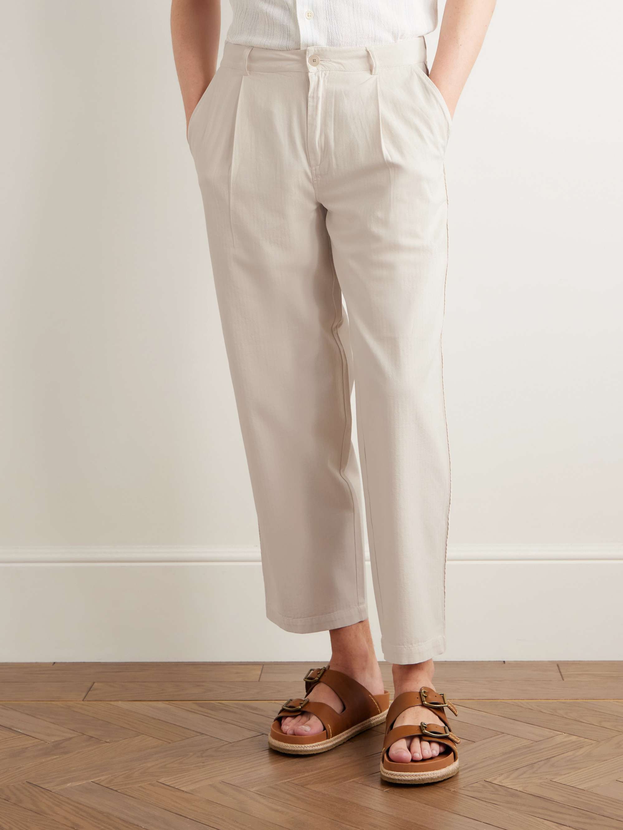 Wide-Leg Pleated Garment-Dyed Herringbone Cotton Trousers view