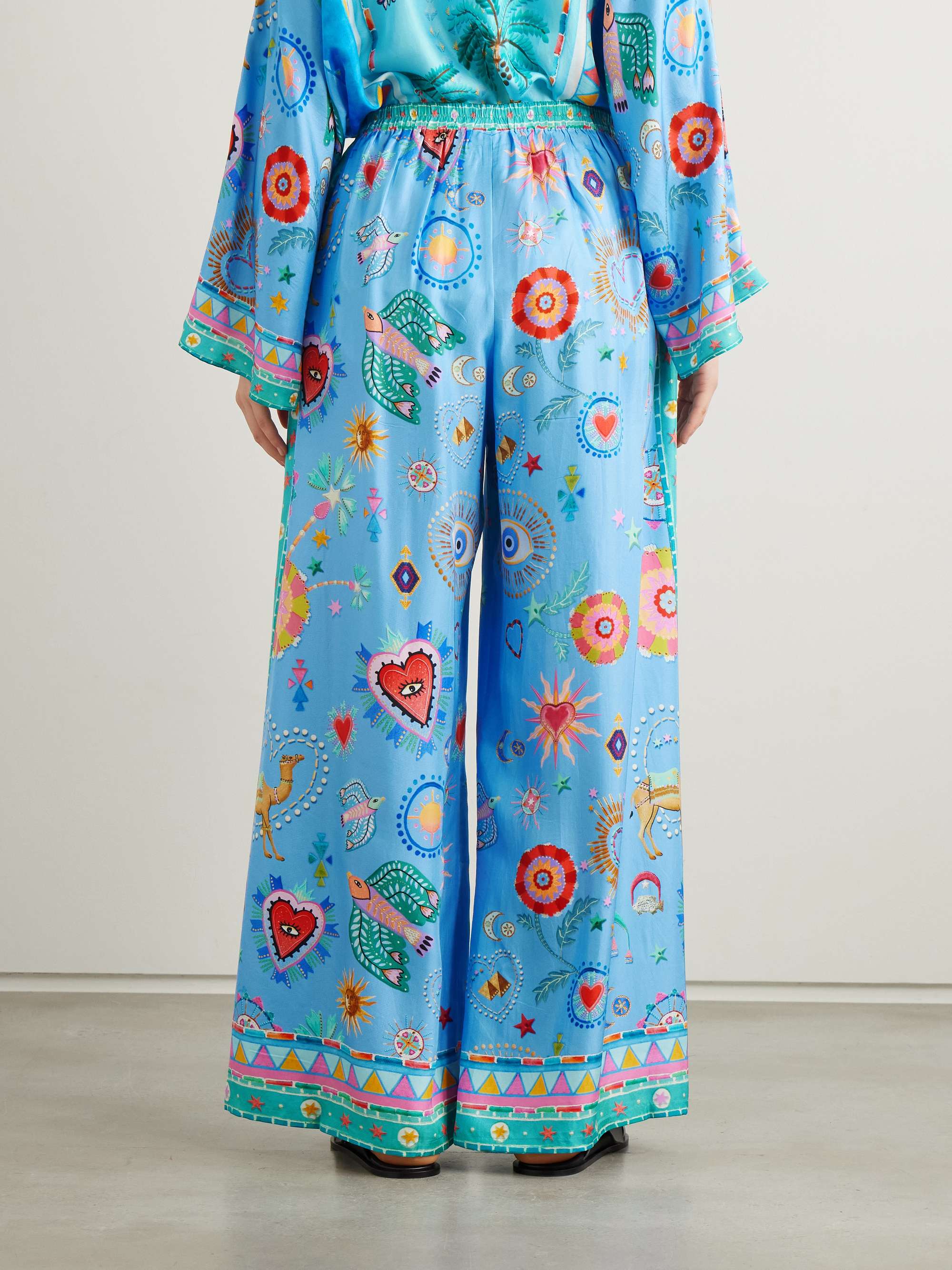 A Painted Village embellished printed pleated silk-twill wide-leg pants view