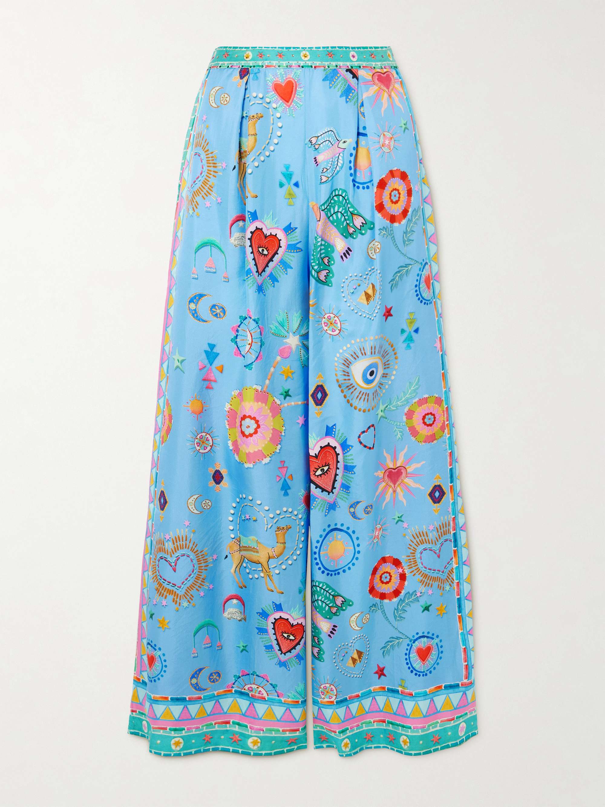 A Painted Village embellished printed pleated silk-twill wide-leg pants hero visual