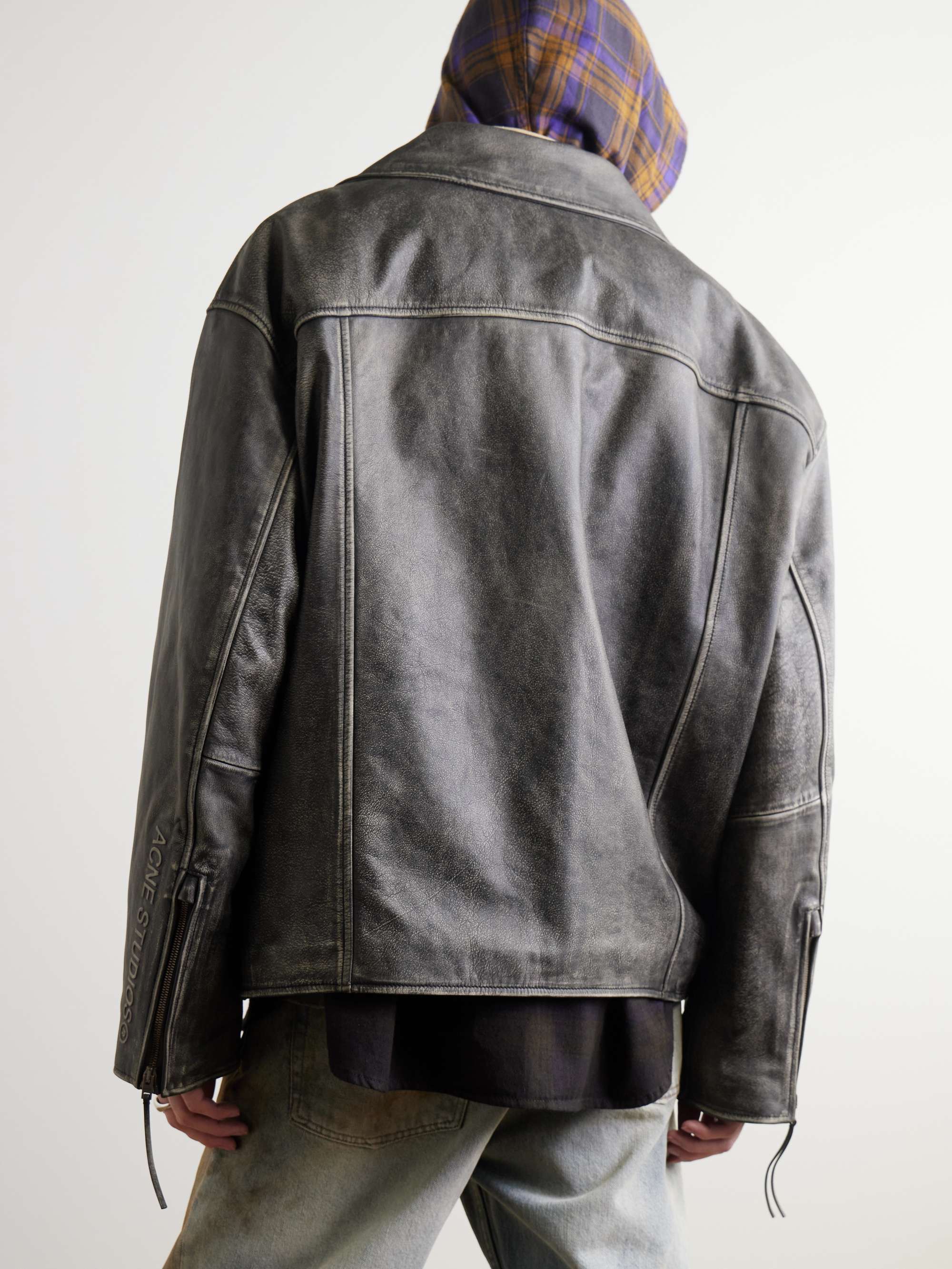 Logo-Embossed Leather Biker Jacket view