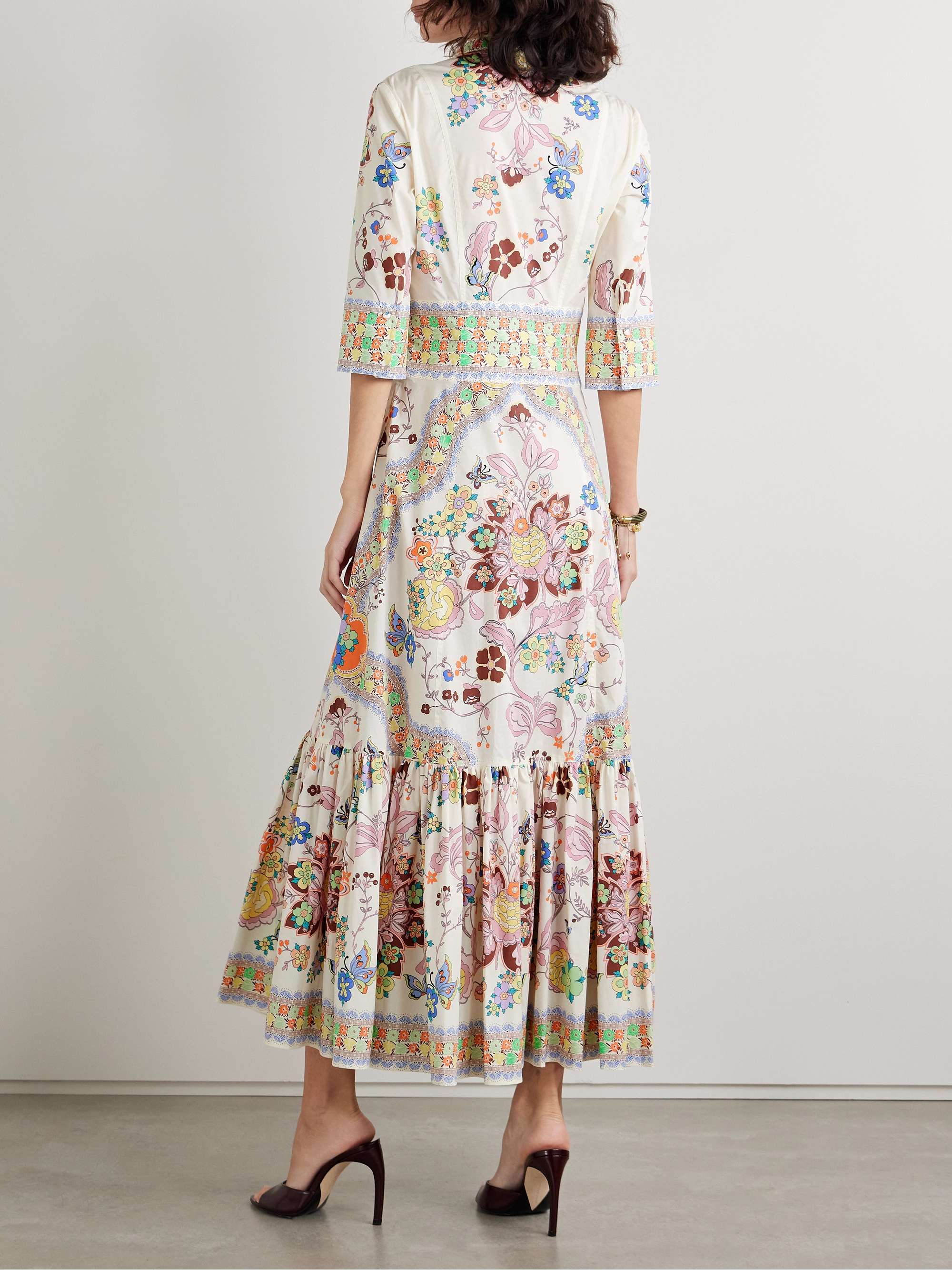 Gathered floral-print cotton-blend poplin midi dress view