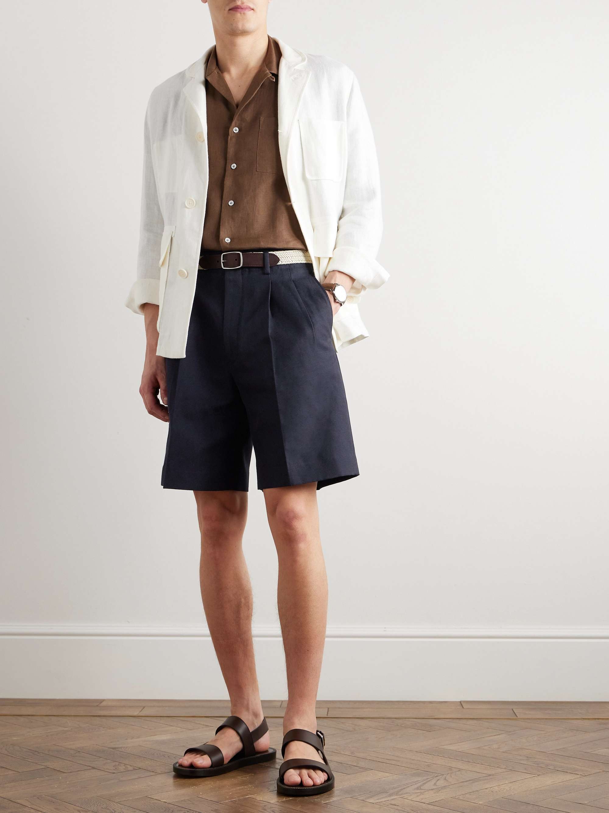 Joetsu Straight-Leg Pleated Cotton and Linen-Blend Twill Bermuda Shorts view