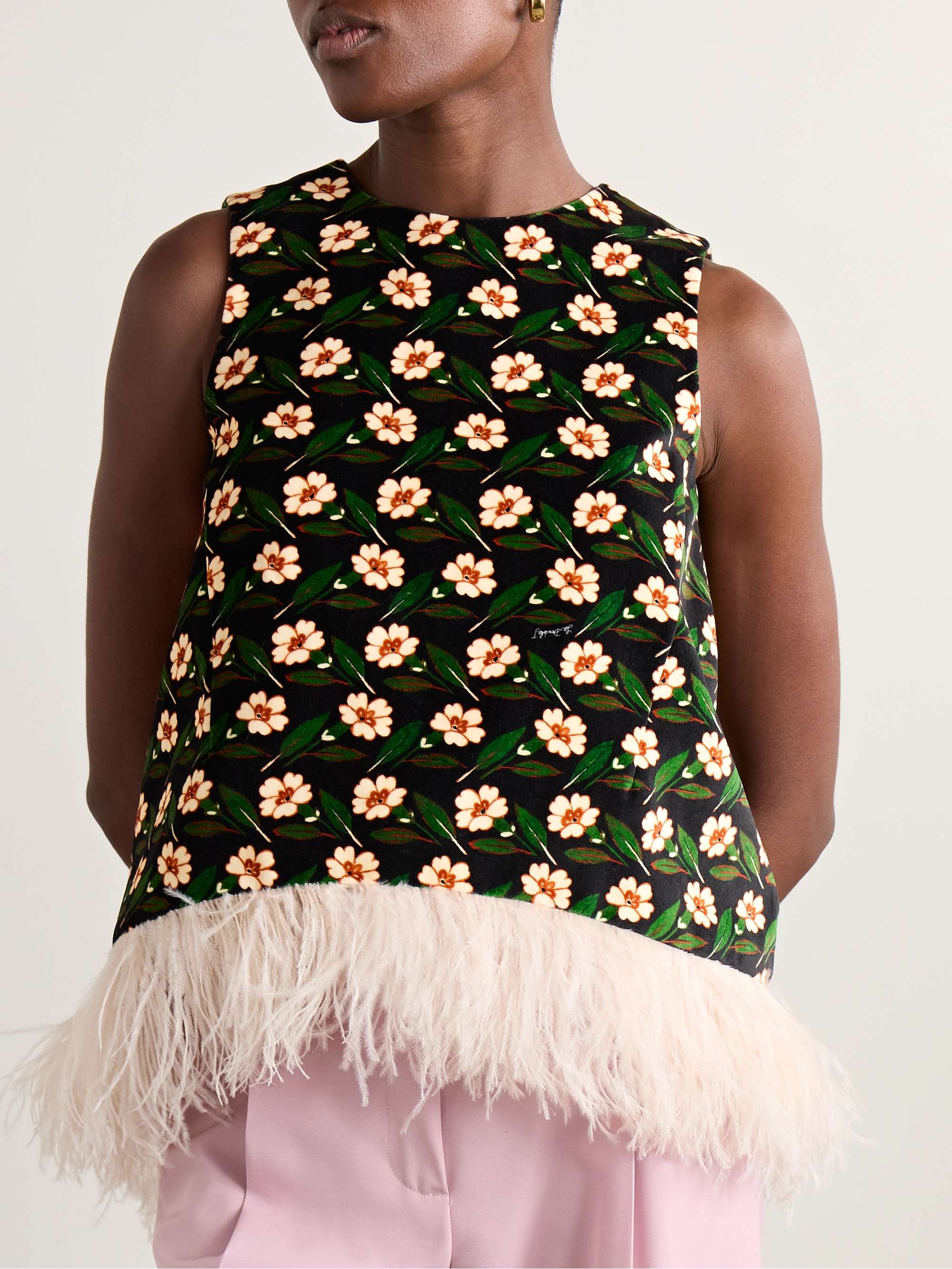 La Scala asymmetric feather-trimmed floral-print cotton-velvet top view