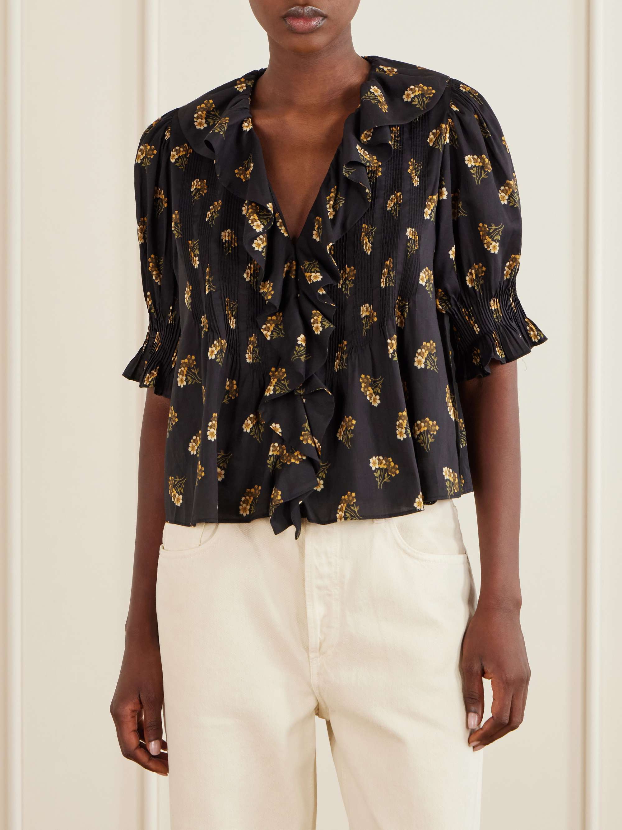Henri ruffled pintucked floral-print organic cotton-blend voile top view