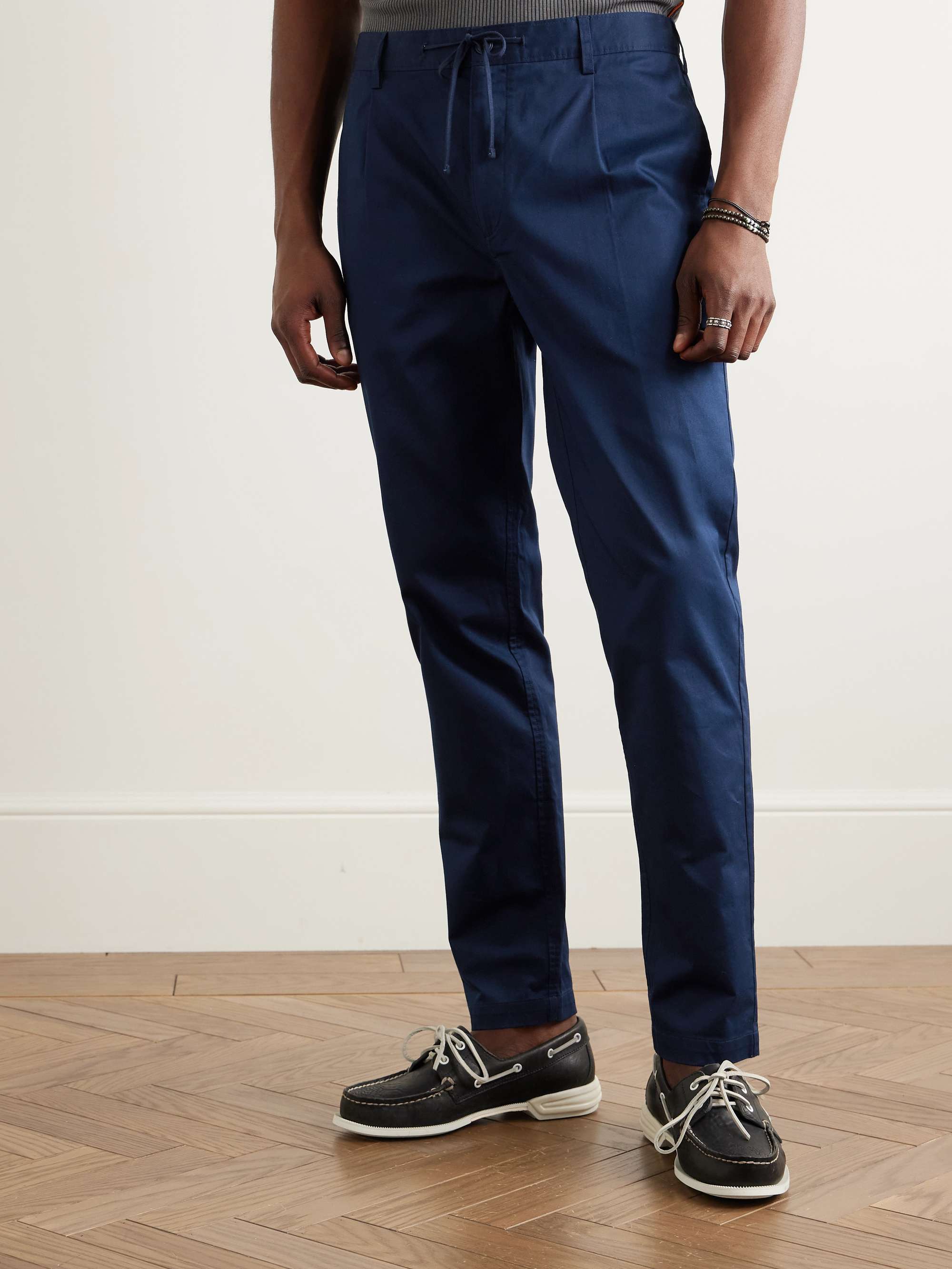 Slim-Fit Pleated Garment-Dyed Stretch-Cotton Drawstring Trousers view