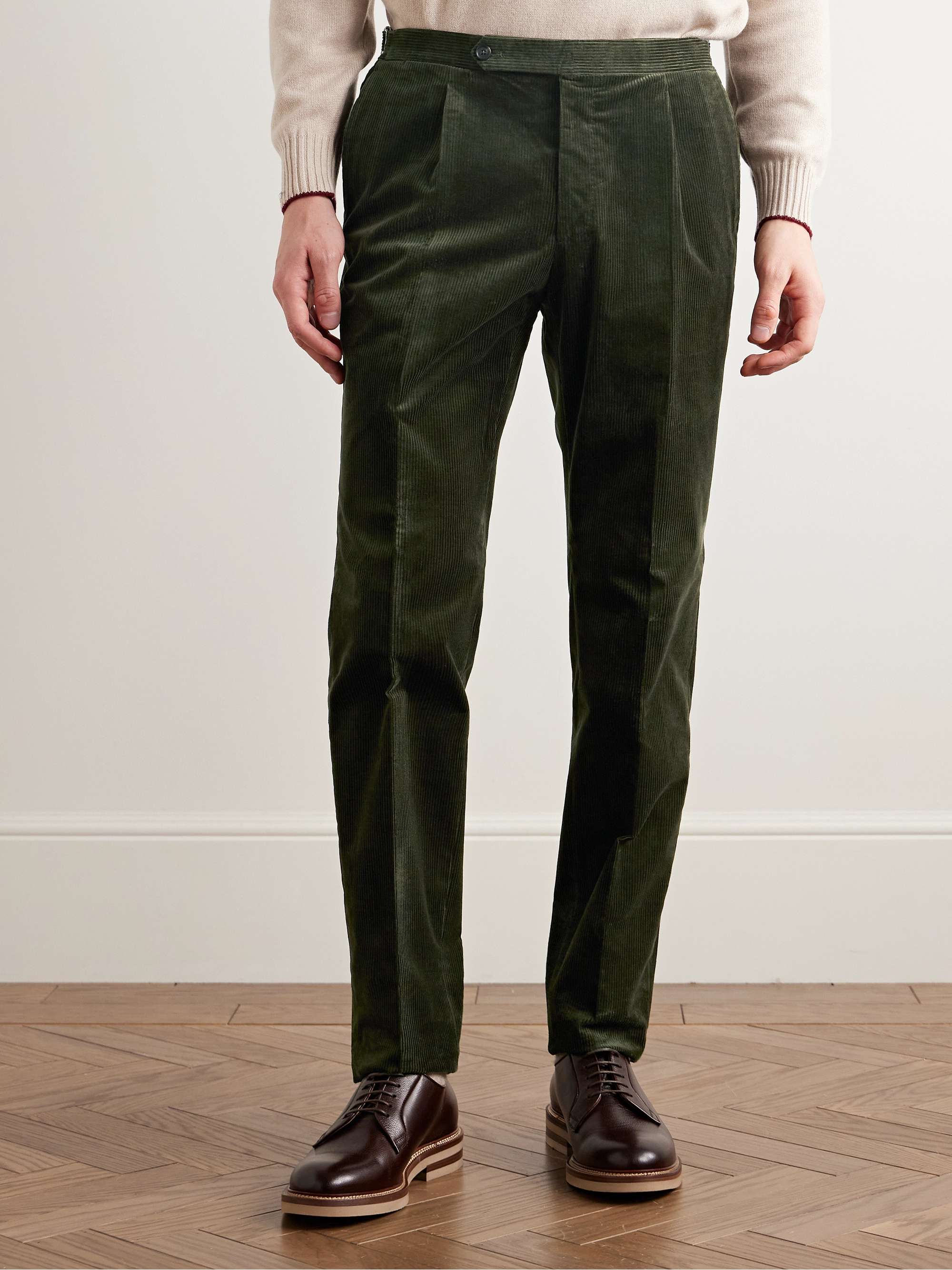 Slim-Fit Pleated Stretch-Cotton Corduroy Suit Trousers view