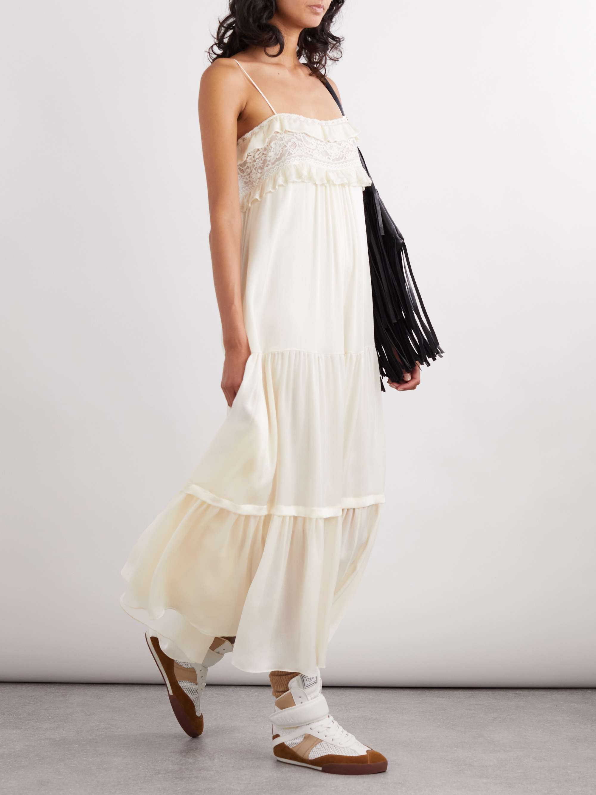 Lace-trimmed tiered ruffled crepe de chine midi dress view