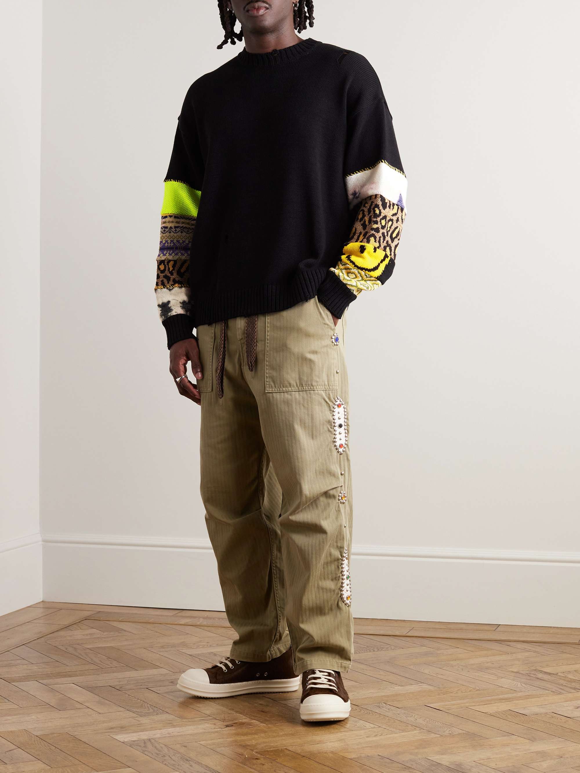 Distressed Patchwork Jacquard-Knit Sweater view