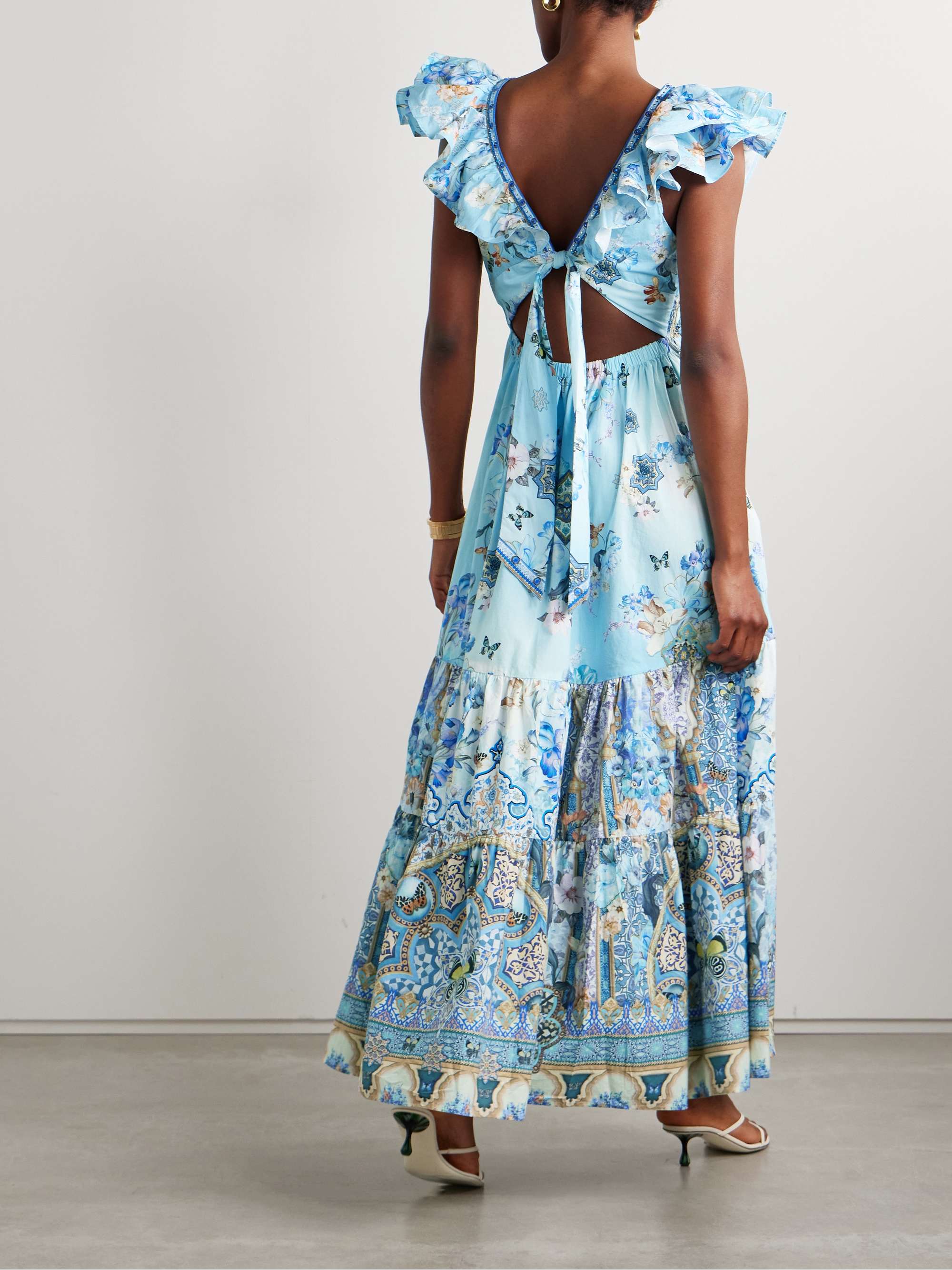 Ruffled crystal-embellished printed organic cotton-poplin maxi dress view