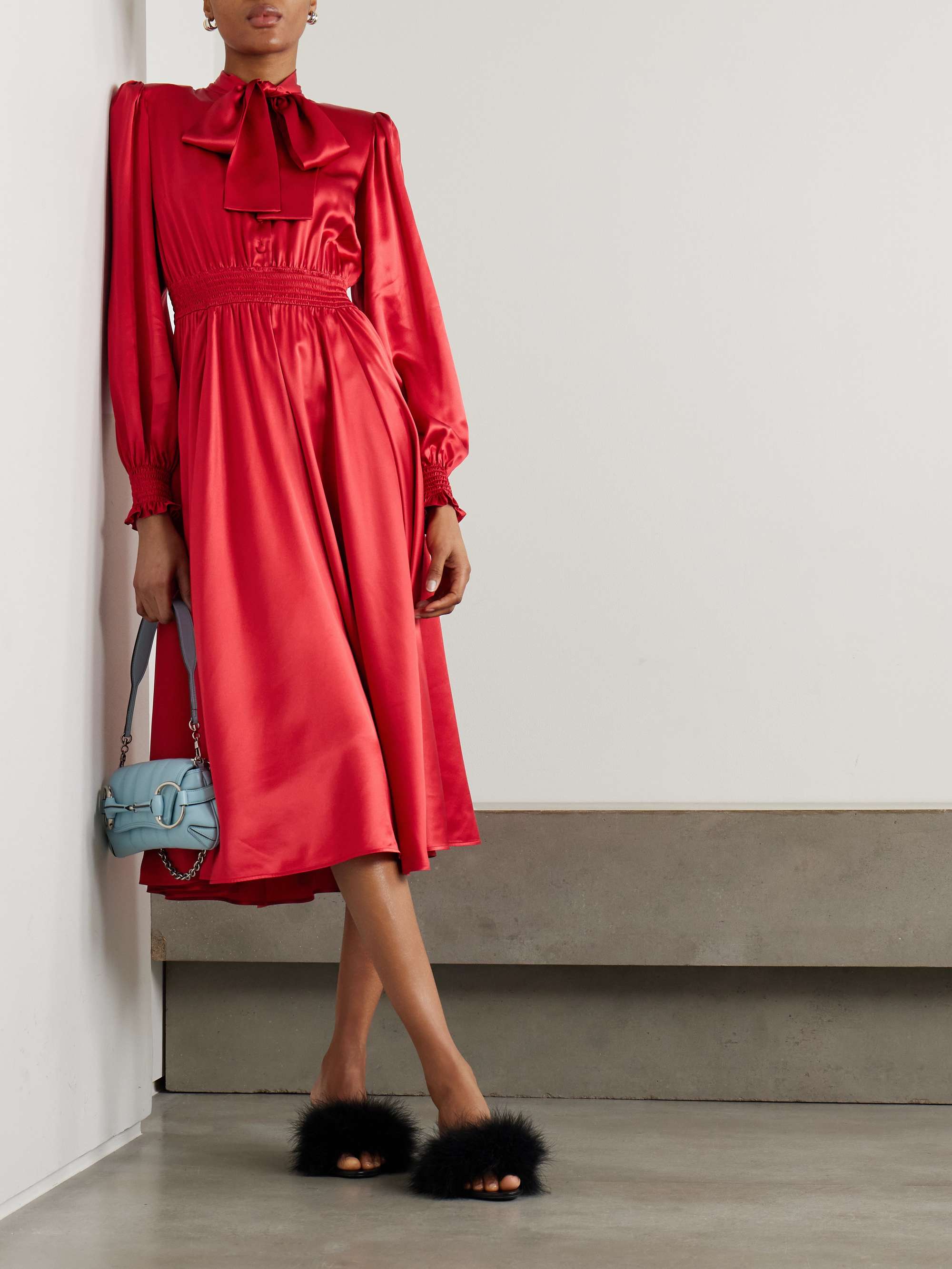 Pussy-bow smocked pleated silk-satin midi dress view