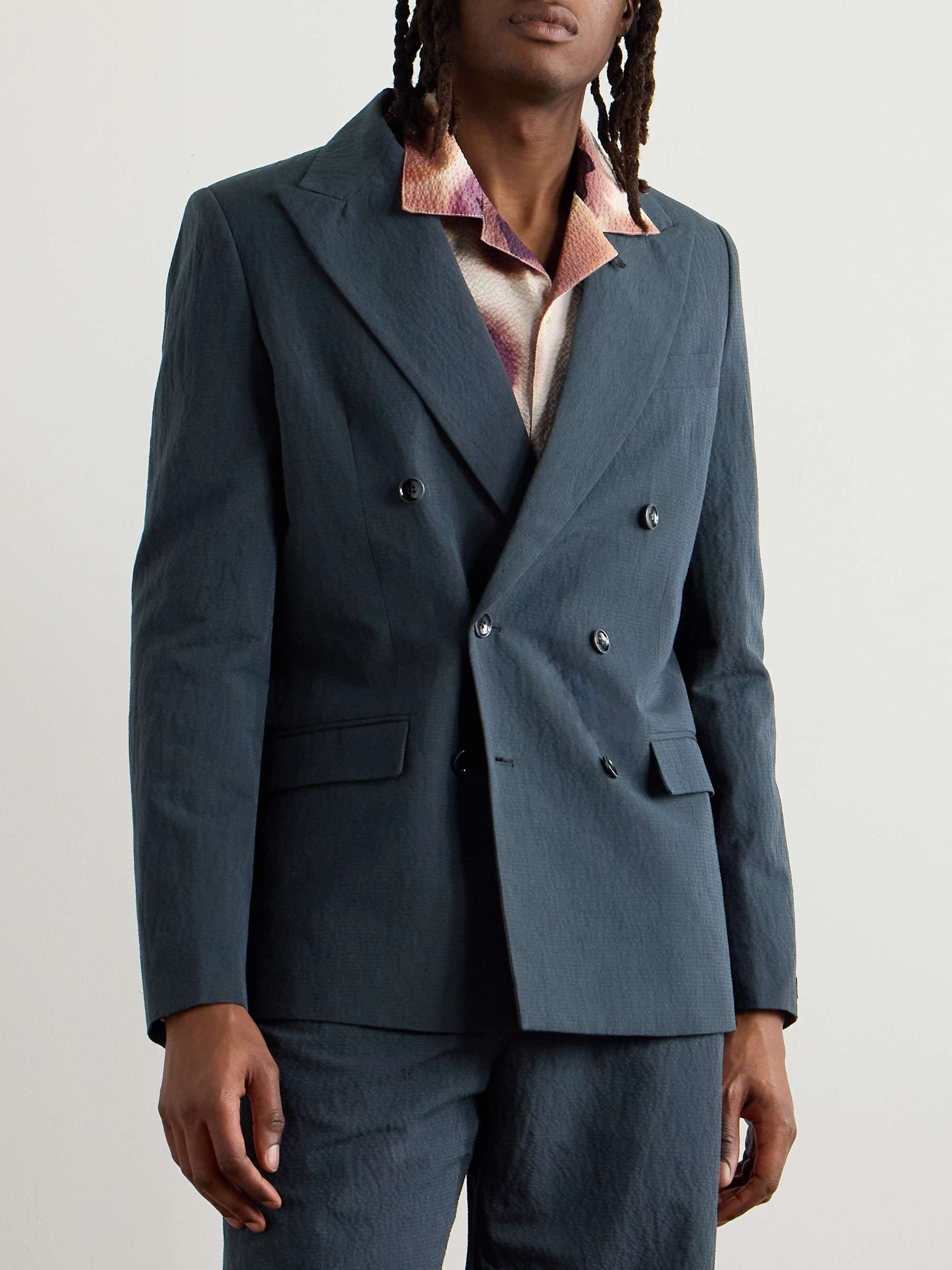 Double-Breasted Cotton and Linen-Blend Seersucker Blazer view
