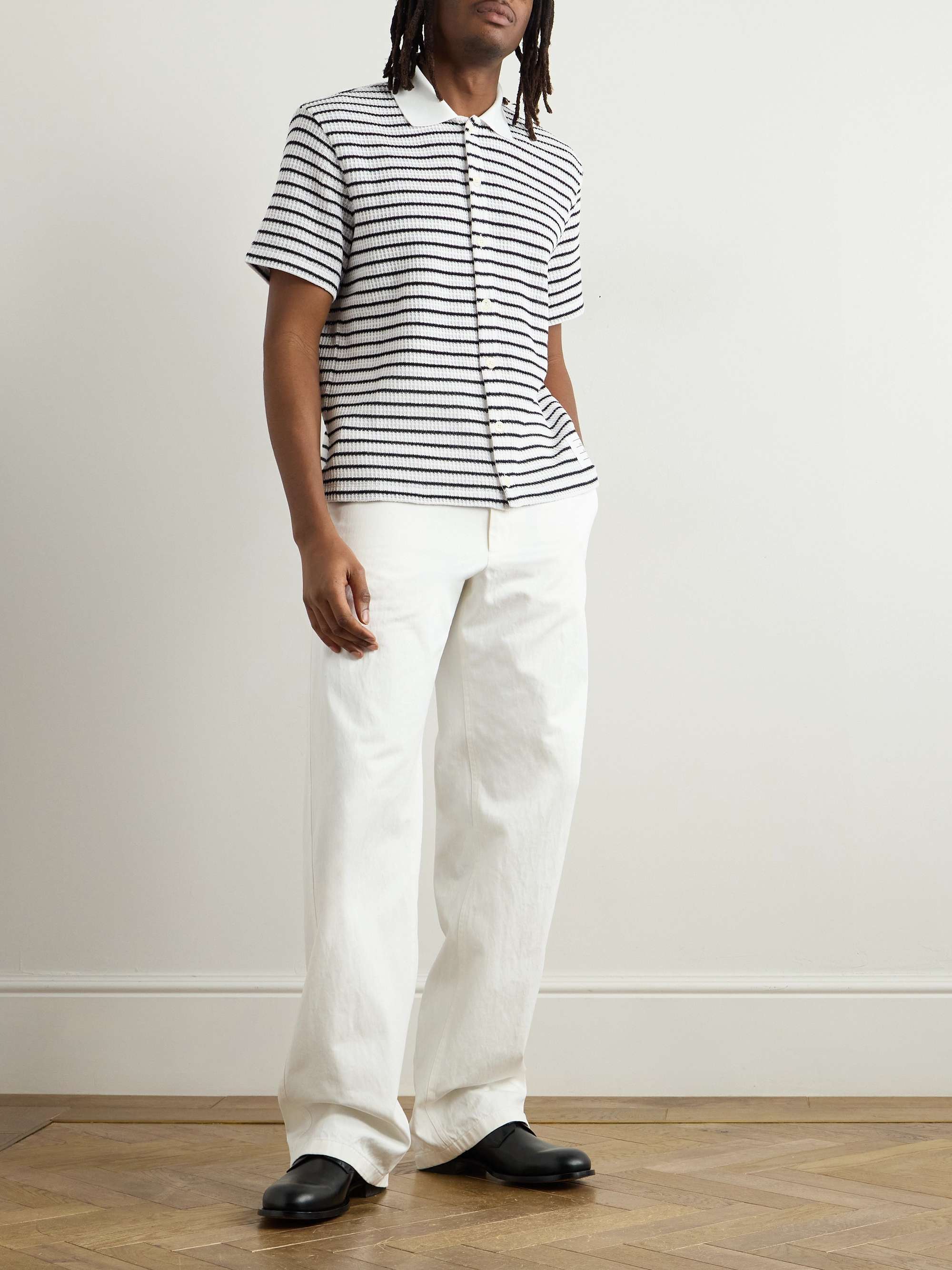 Logo-Appliquéd Striped Waffle-Knit Cotton Shirt view