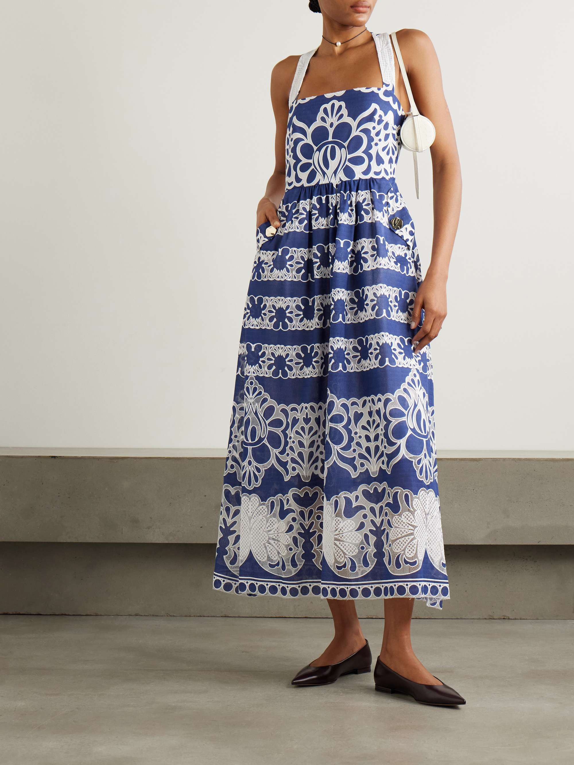 Mavaro lace-trimmed embroidered cotton-blend midi dress view