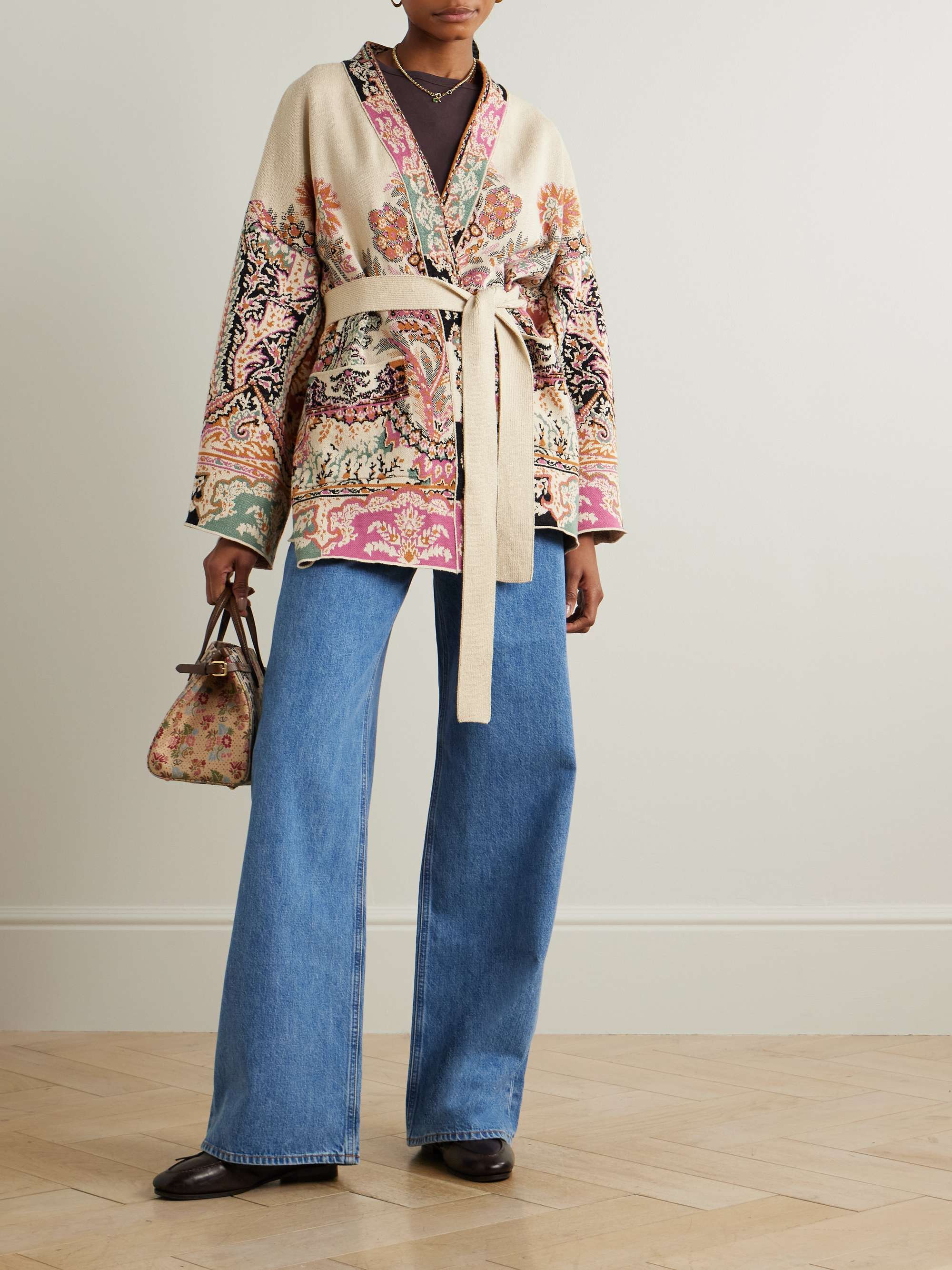 Belted silk, cotton and linen-jacquard cardigan view