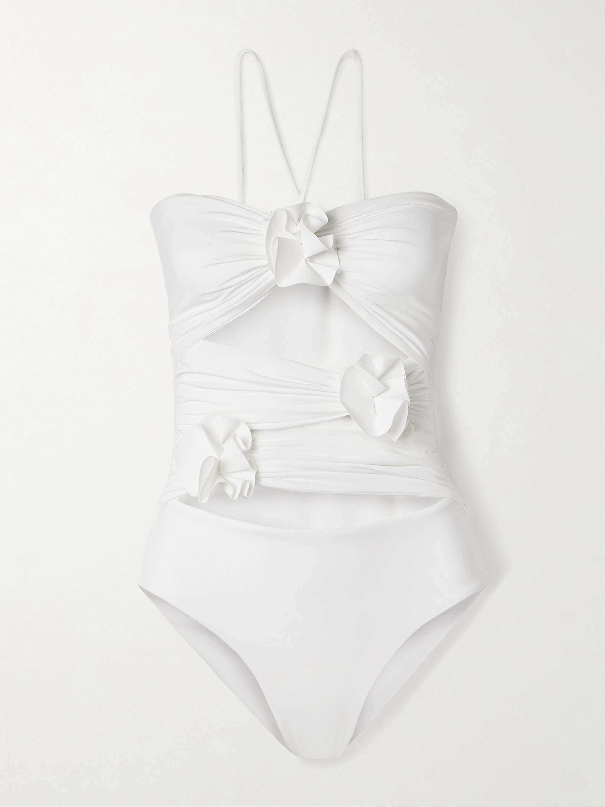 Trinitaria cutout appliquéd ruched swimsuit hero visual