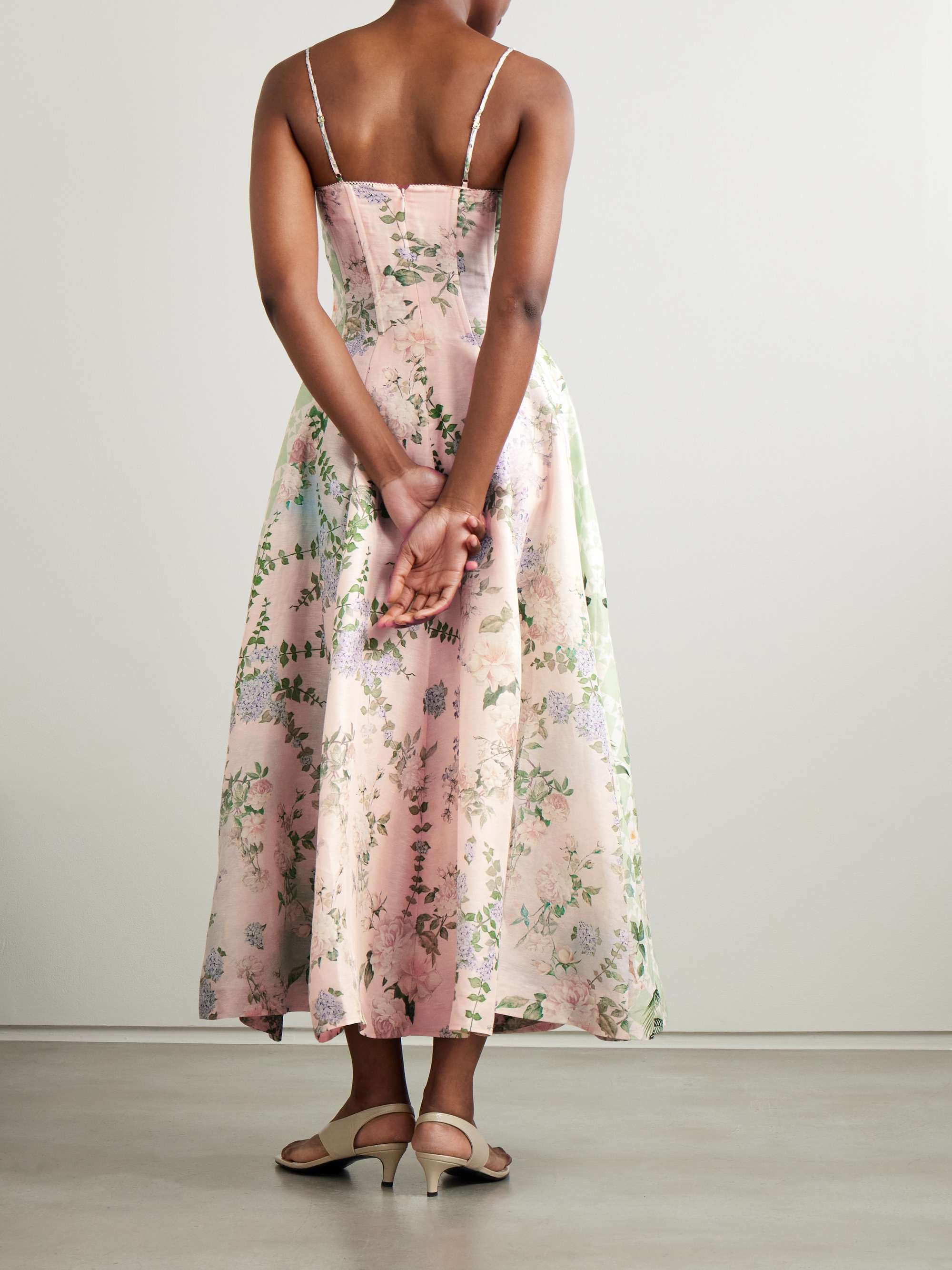 Embellished floral-print linen and silk-blend midi dress view